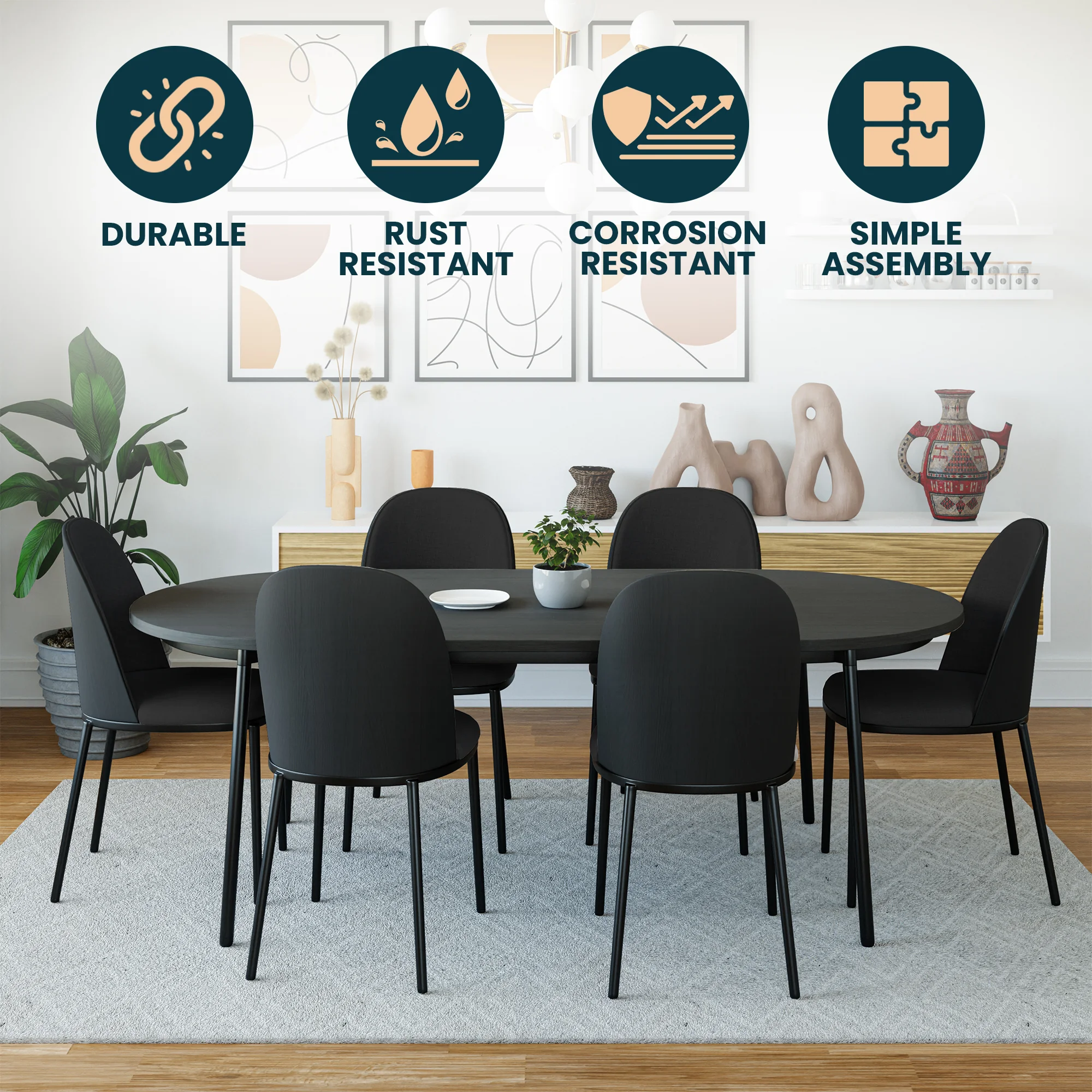 Tule Collection Dining Chair, Black Frame With Black Leather - set of 2