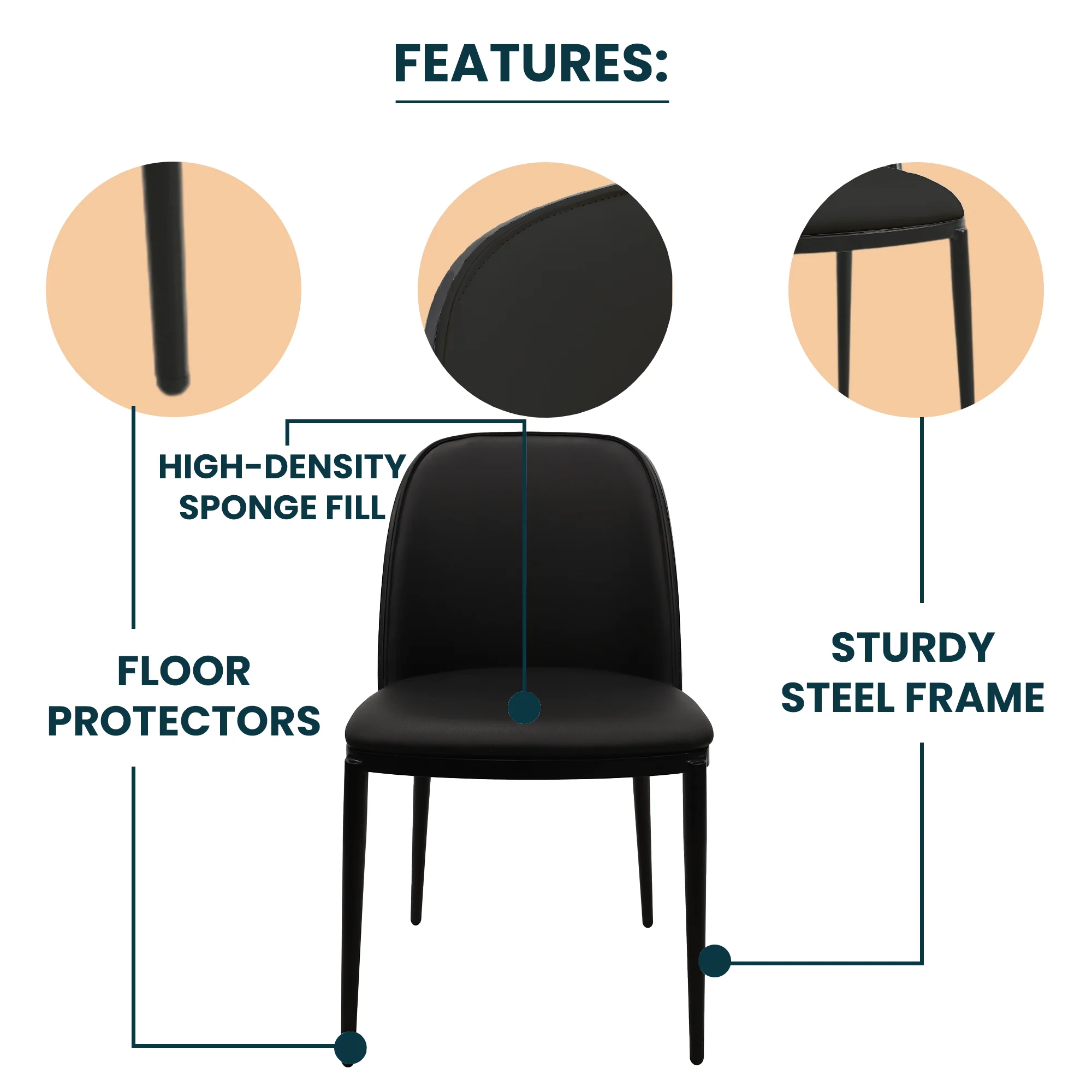 Tule Collection Dining Chair, Black Frame With Black Leather - set of 4