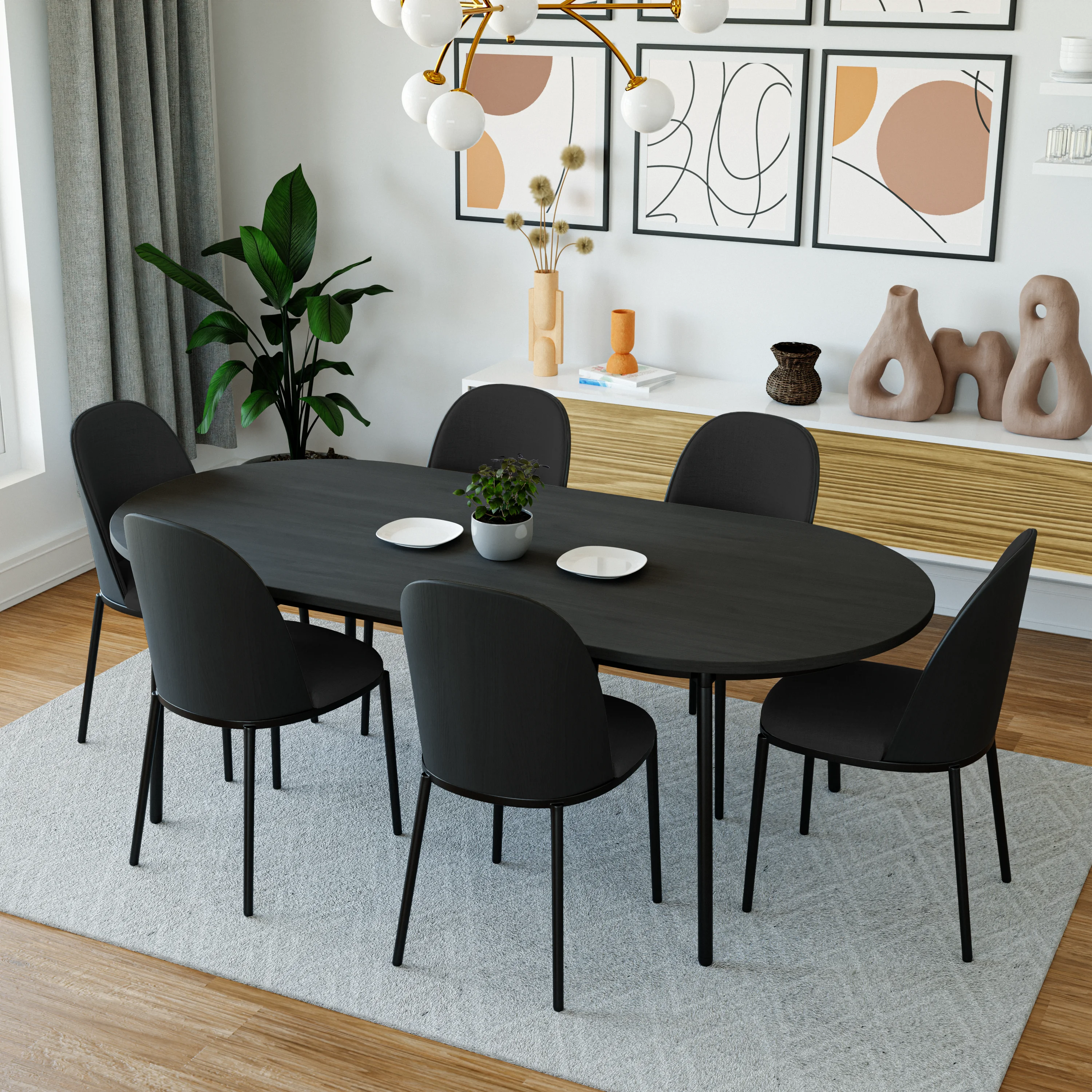 Tule Collection Dining Chair, Black Frame With Black Leather - set of 4