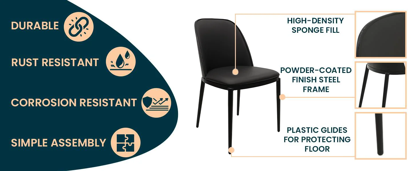 Tule Collection Dining Chair, Black Frame With Black Leather - set of 4