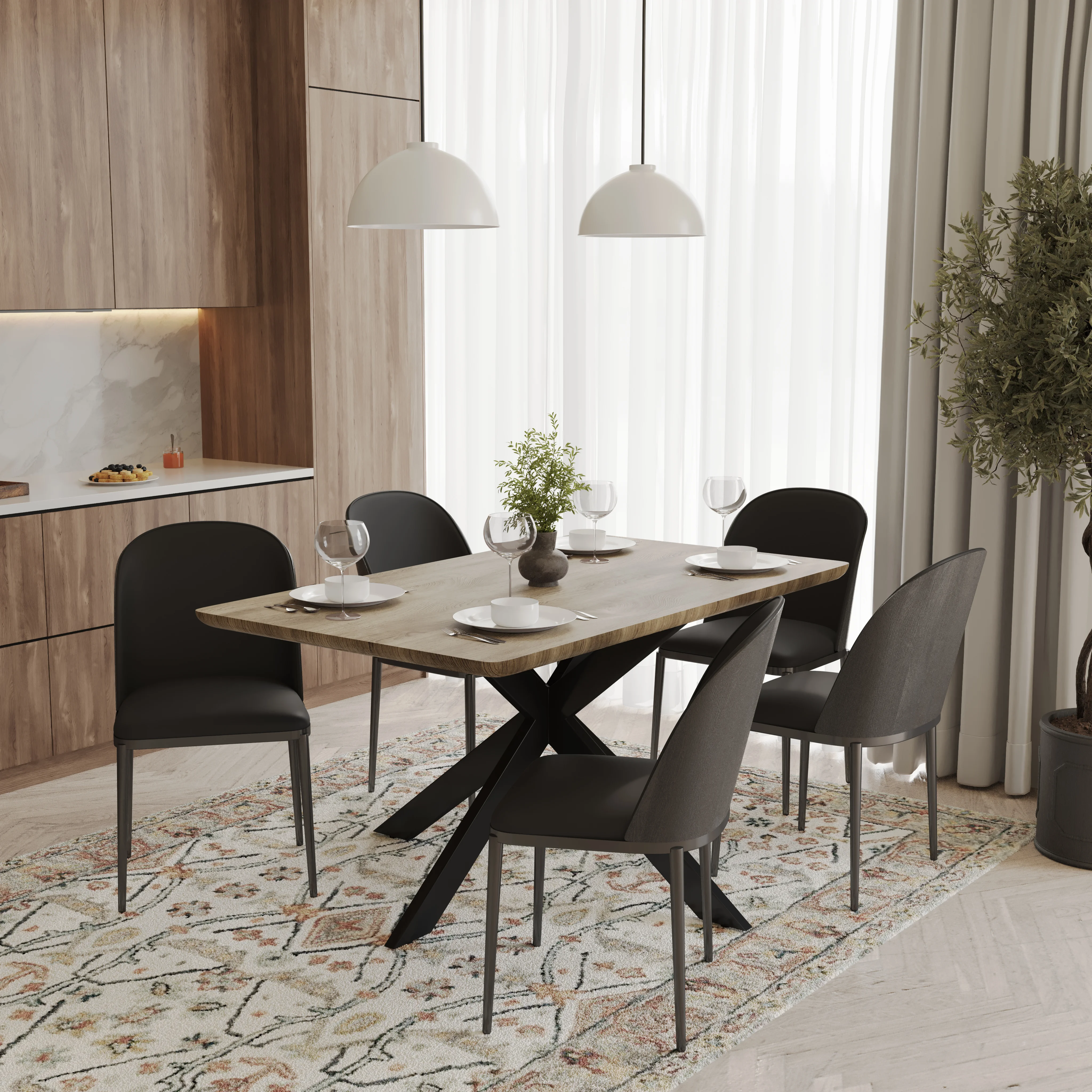 Ravenna 6-Piece Dining Set with 63" Rectangular Dining Table in Natural Wood MDF and 5 Leather Dining Chairs in Black/Black