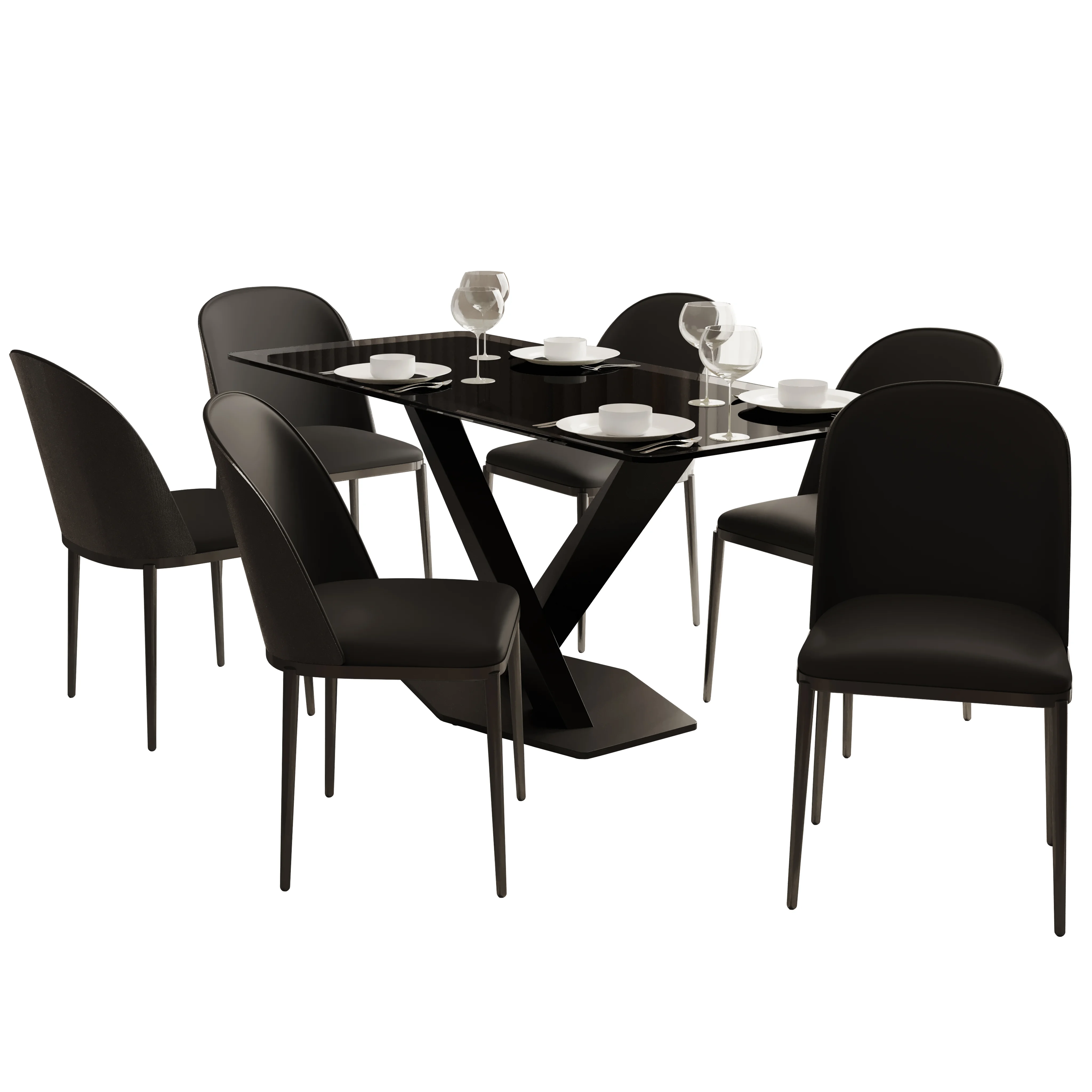 Voren 7-Piece Dining Set with 55" Rectangular Dining Table in Black Glass Top and 6 Leather Dining Chairs in Black/Black
