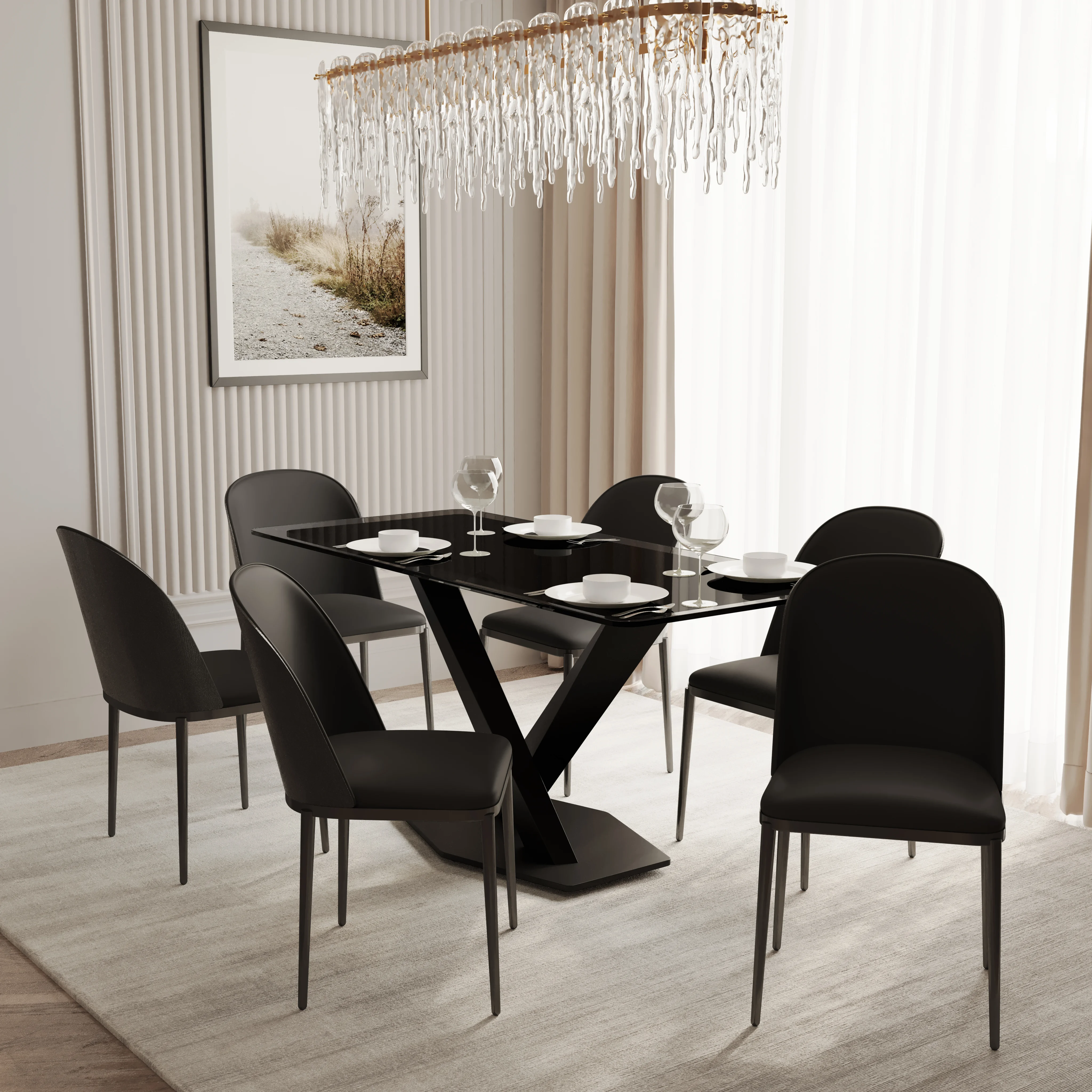 Voren 7-Piece Dining Set with 55" Rectangular Dining Table in Black Glass Top and 6 Leather Dining Chairs in Black/Black