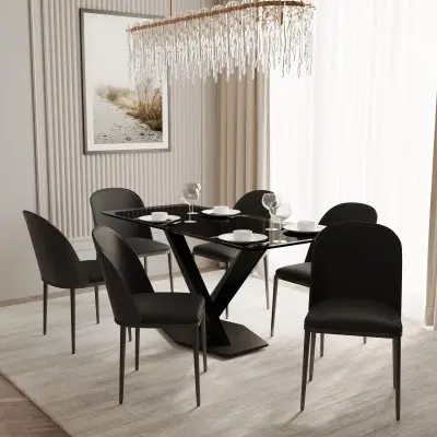 Voren 7-Piece Dining Set with 55" Rectangular Dining Table in Black Glass Top and 6 Leather Dining Chairs in Black/Black