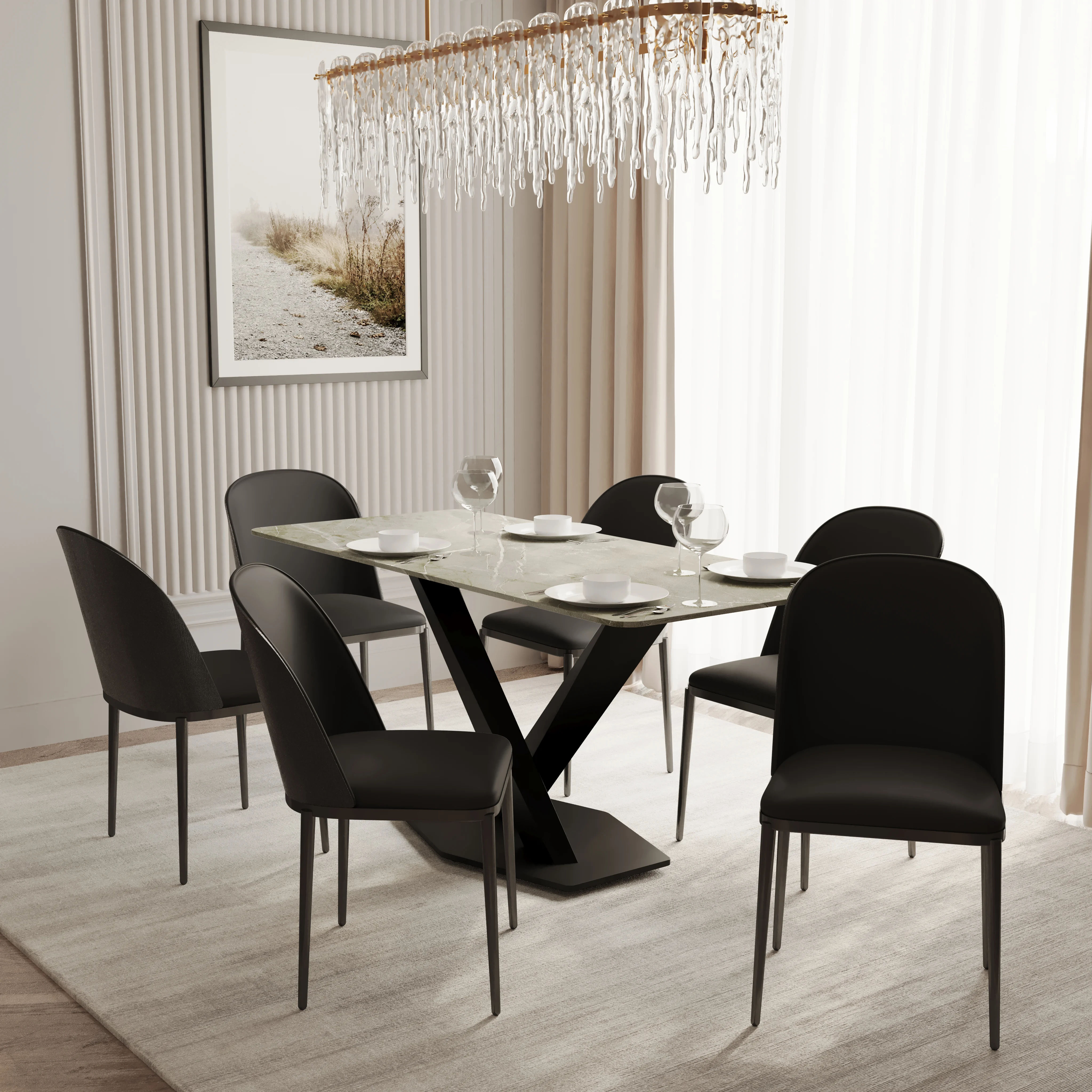 Voren 7-Piece Dining Set with 55" Rectangular Dining Table in Deep Grey Sintered Stone Top and 6 Leather Dining Chairs in Black/Black