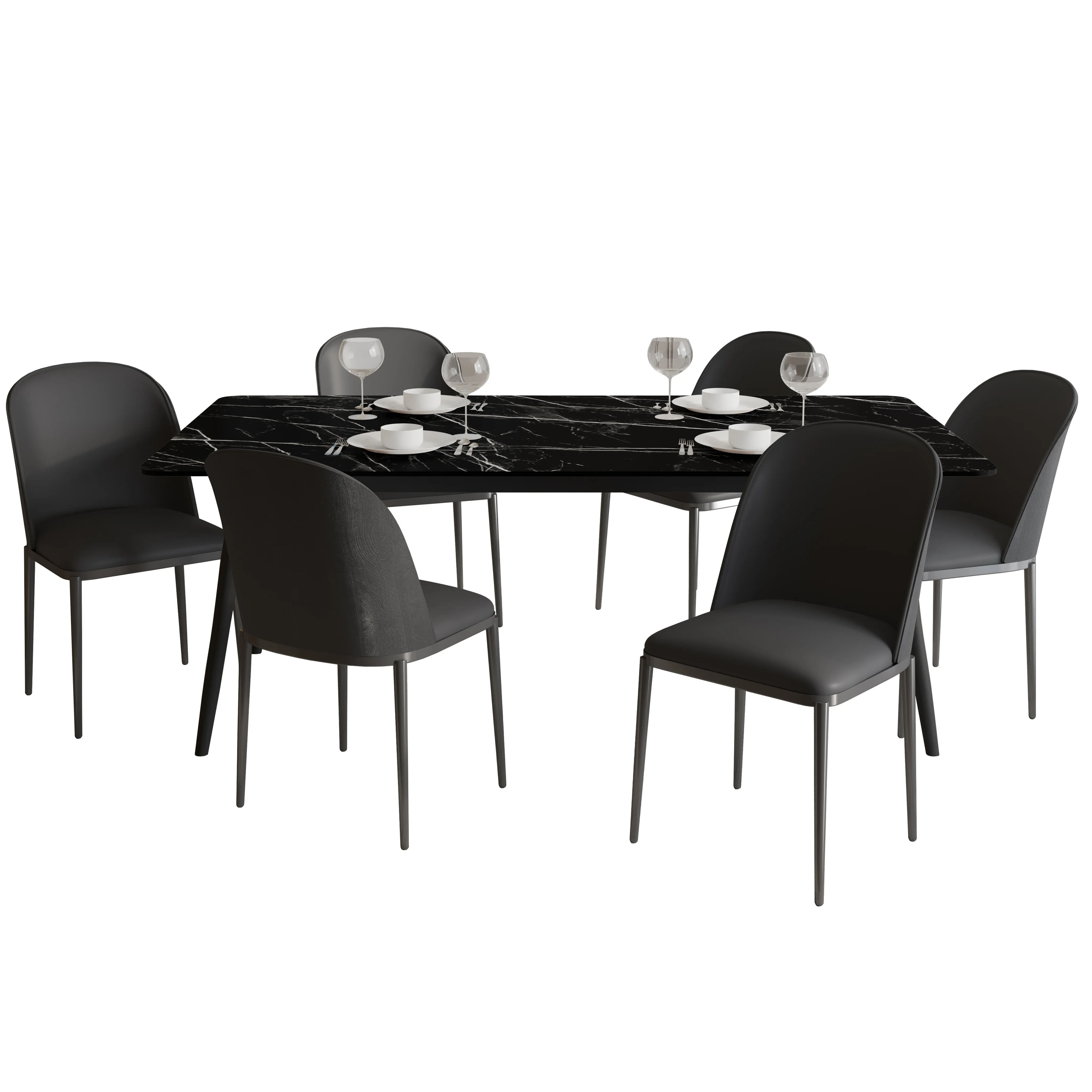 Zayle 7-Piece Dining Set with 55" Rectangular Dining Table in Black/Gold Sintered Stone Top and 6 Leather Dining Chairs in Black/Black