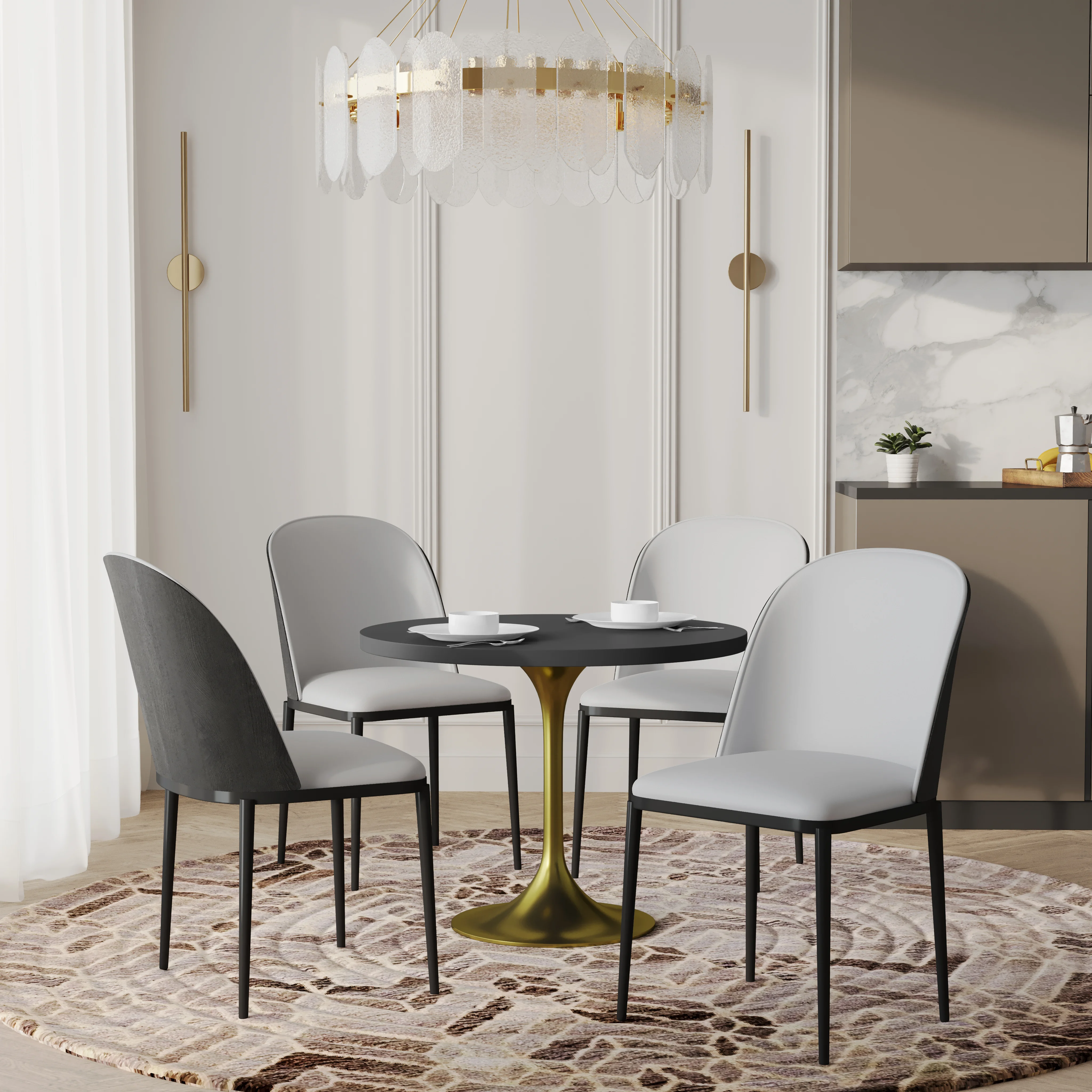 Verve 5-Piece Dining Set with 36" Round MDF Top Table and 4 Velvet Dining Side Chairs in Black/Platinum Blue