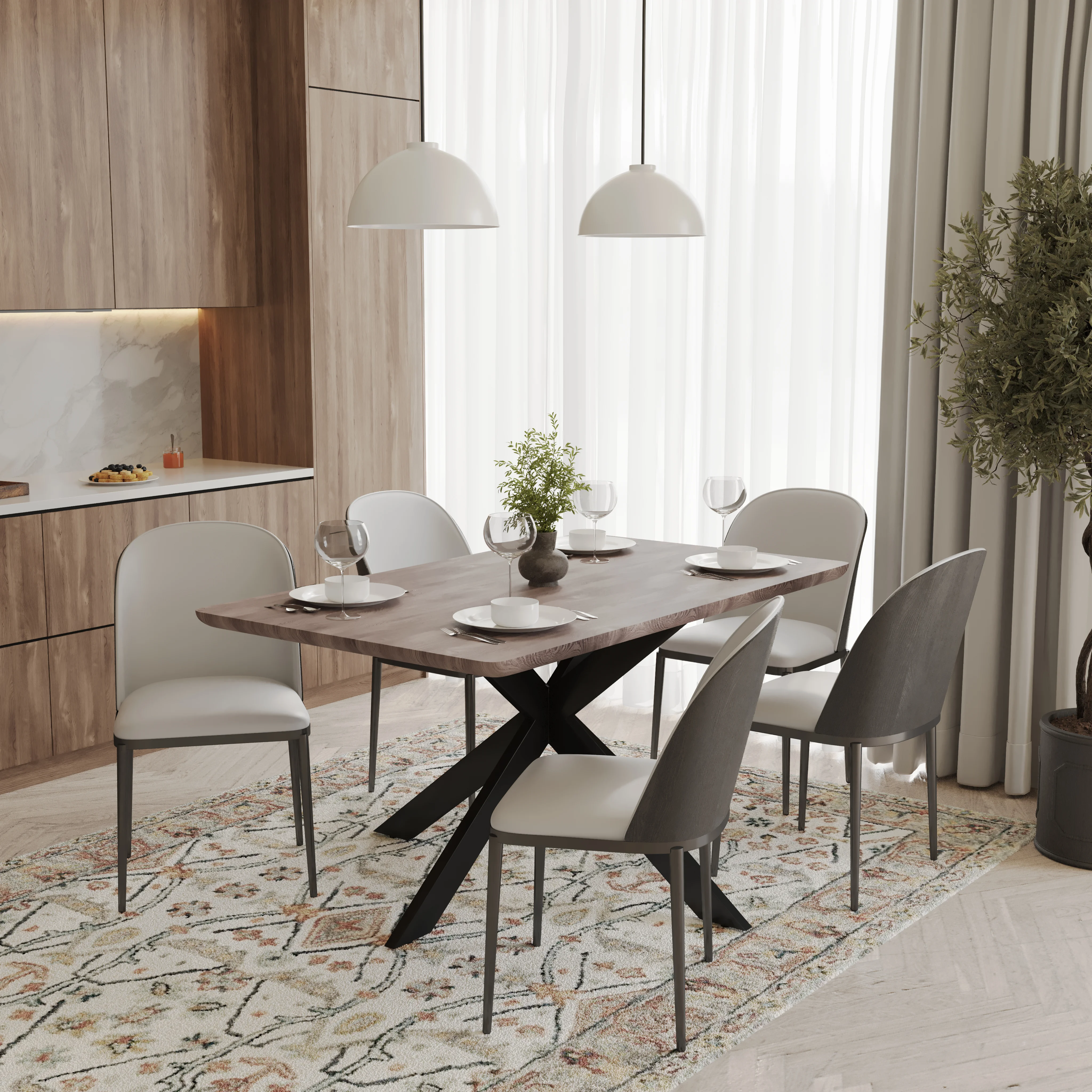 Ravenna 6-Piece Dining Set with 63" Rectangular Dining Table in Rustic Grey and 5 Velvet Dining Chairs in Black/Platinum Blue