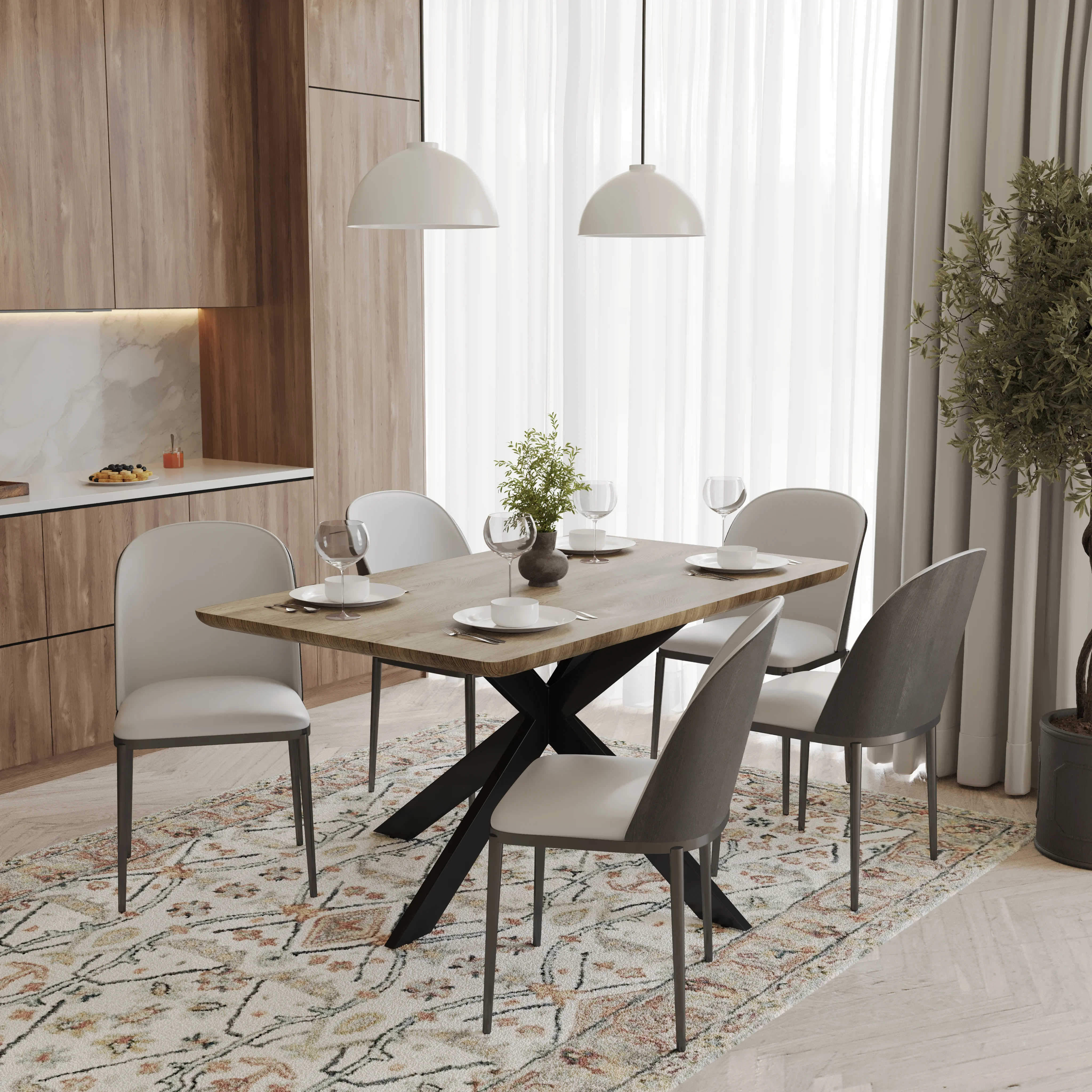 Ravenna 6-Piece Dining Set with 63" Rectangular Dining Table in Natural Wood MDF and 5 Velvet Dining Chairs in Black/Platinum Blue