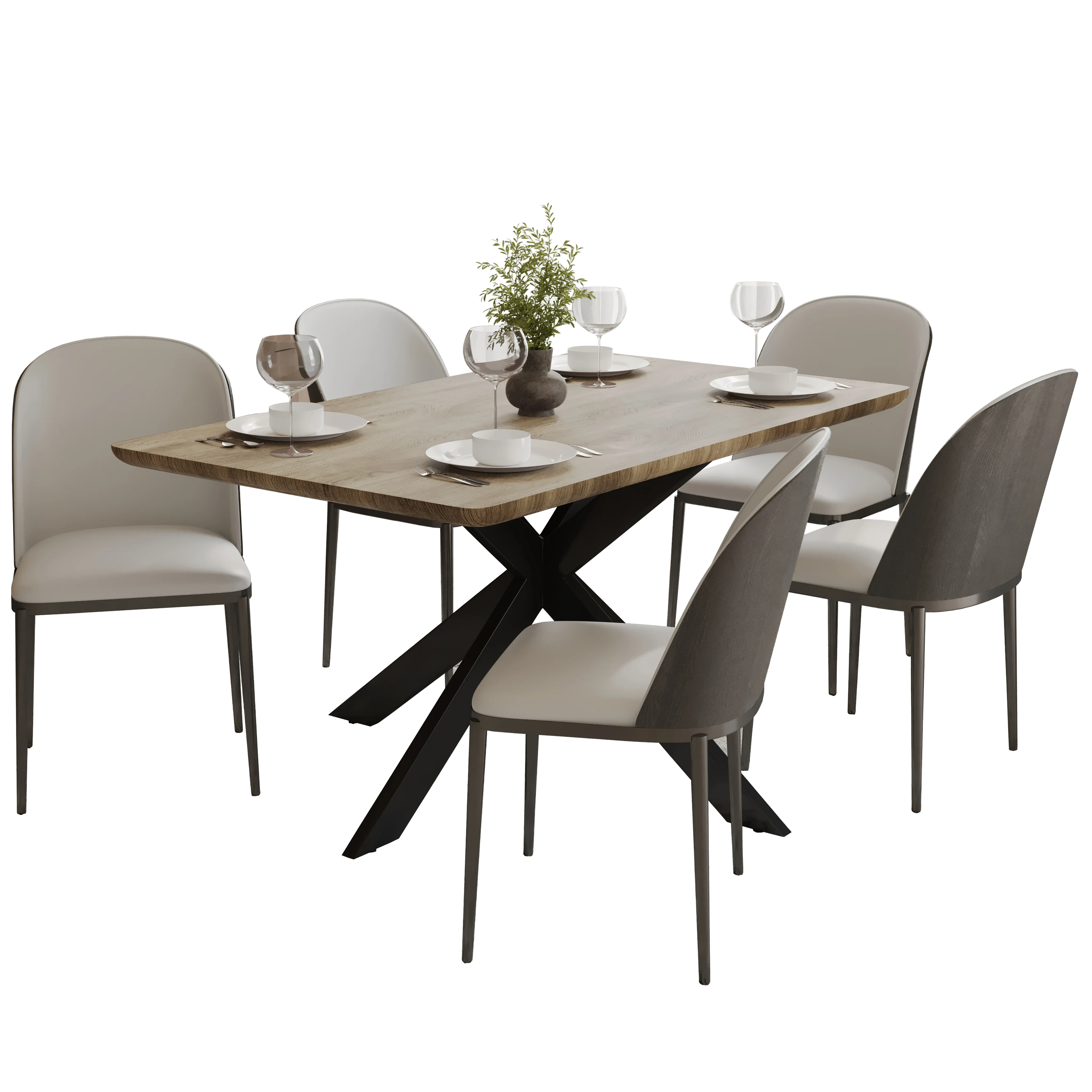 Ravenna 6-Piece Dining Set with 63" Rectangular Dining Table in Natural Wood MDF and 5 Velvet Dining Chairs in Black/Platinum Blue