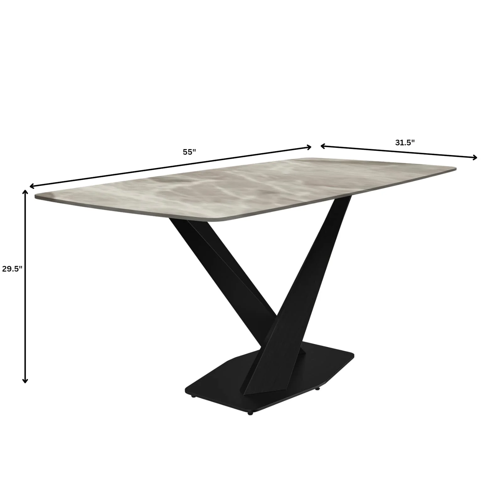 Voren 7-Piece Dining Set with 55" Rectangular Dining Table in Deep Grey Sintered Stone Top and 6 Velvet Dining Chairs in Black/Platinum Blue