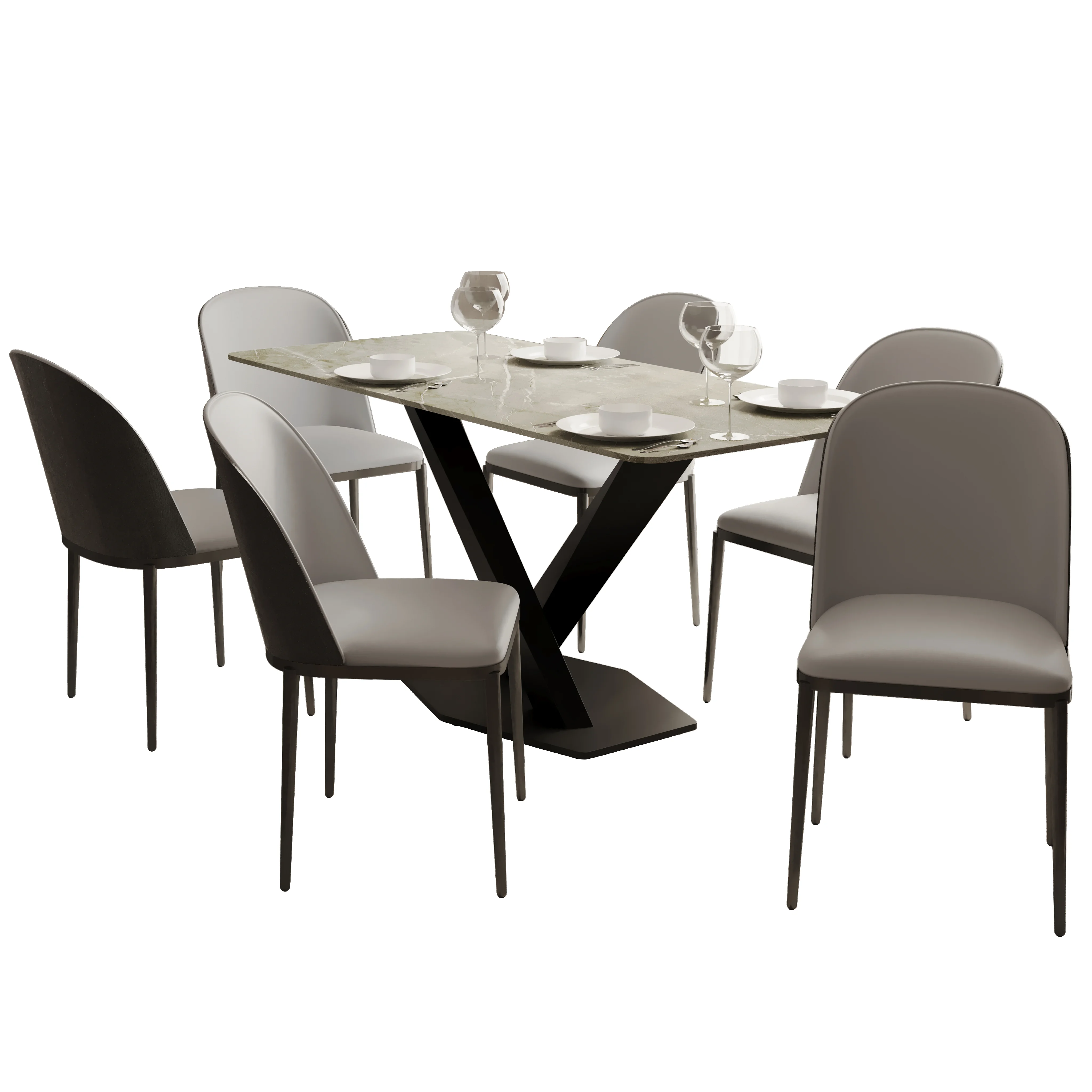 Voren 7-Piece Dining Set with 55" Rectangular Dining Table in Deep Grey Sintered Stone Top and 6 Velvet Dining Chairs in Black/Platinum Blue
