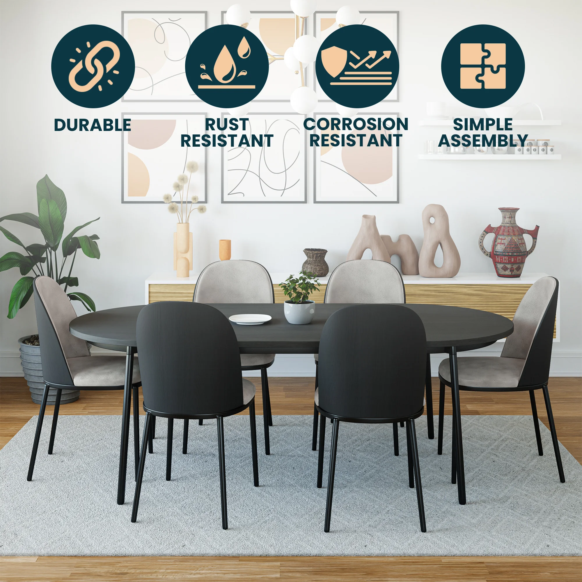 Tule Mid-Century Modern Dining Side Chair with Fabric Seat and Powder-Coated Steel Frame for Kitchen and Dining Room