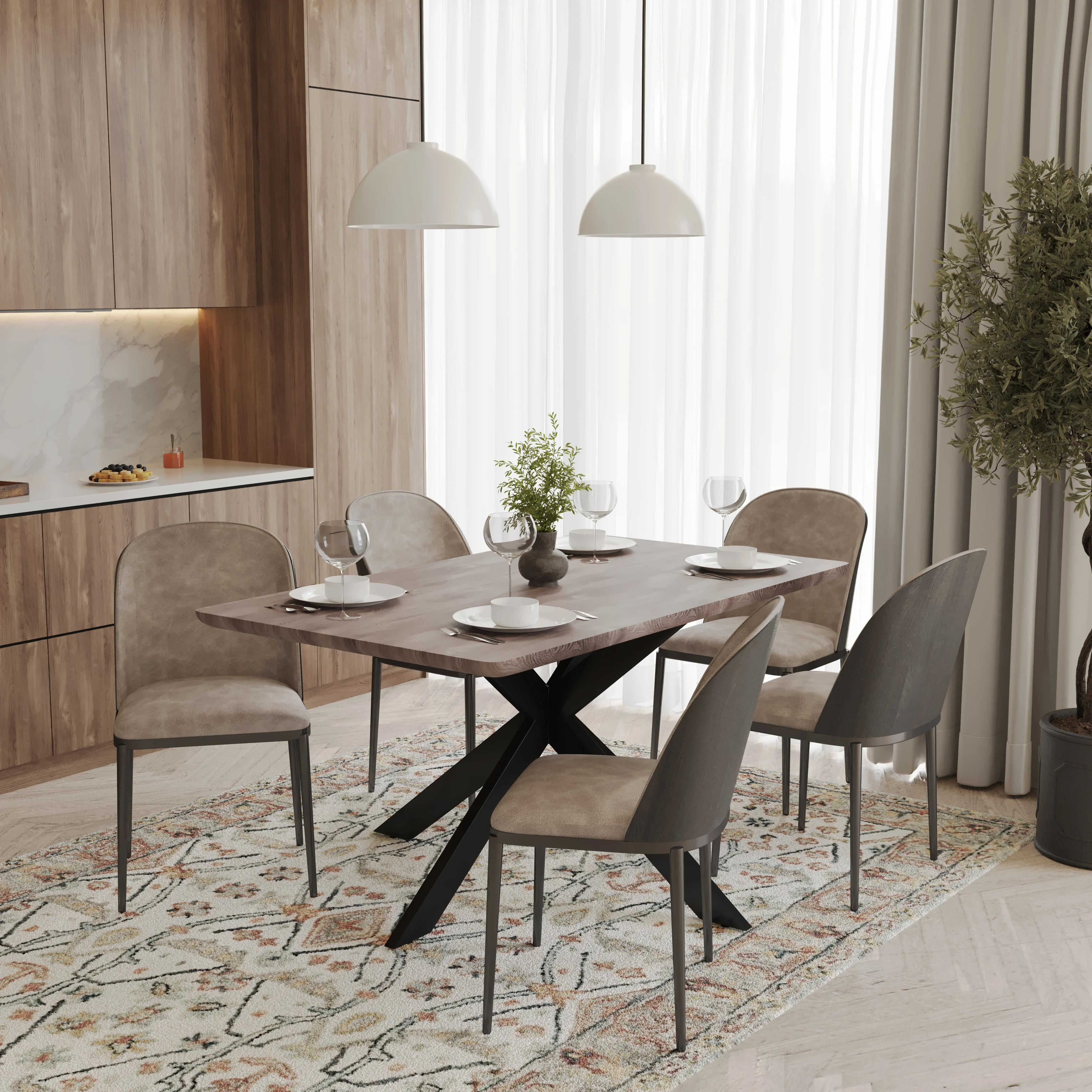 Ravenna 6-Piece Dining Set with 63" Rectangular Dining Table in Rustic Grey and 5 Suede Dining Chairs in Black/Charcoal