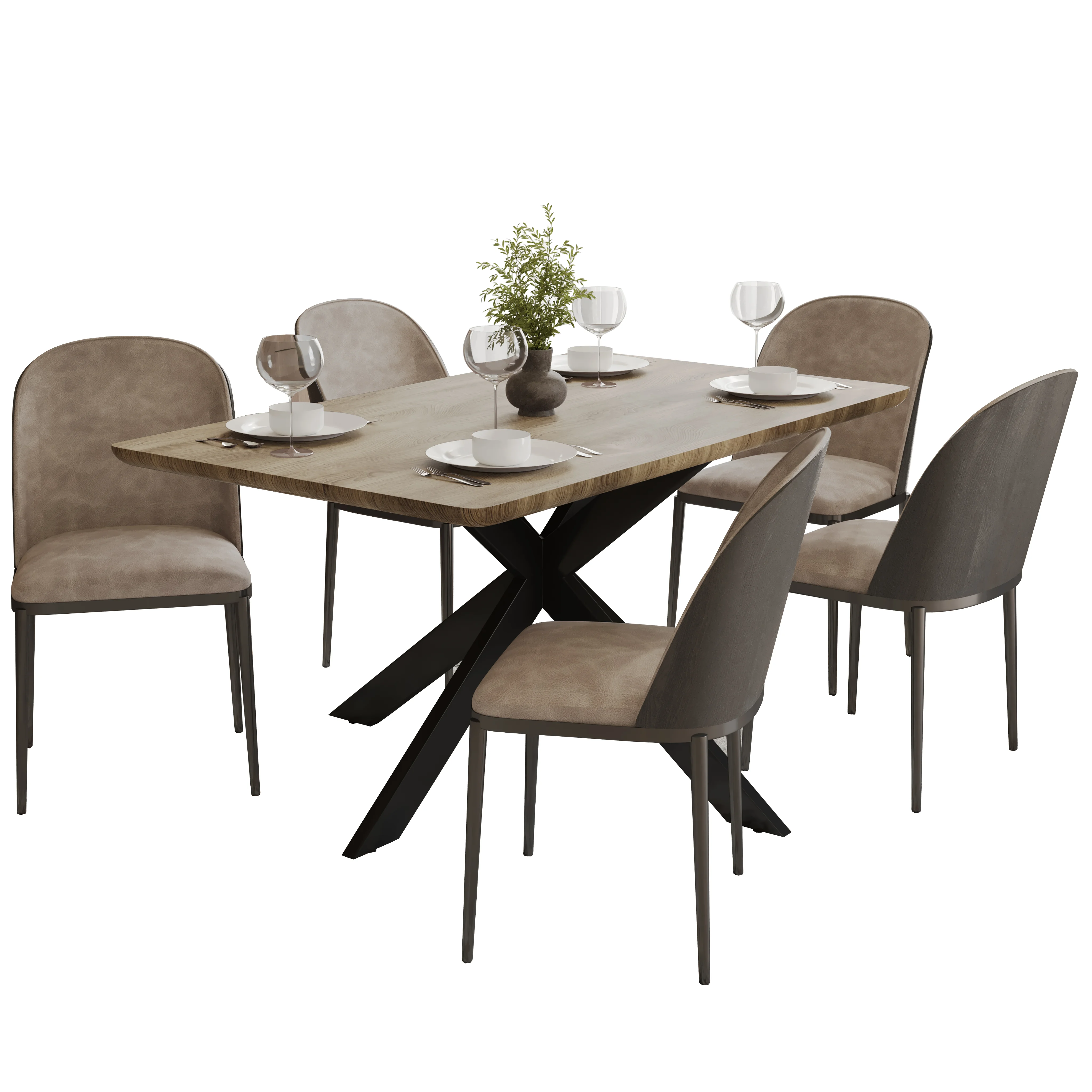 Ravenna 6-Piece Dining Set with 63" Rectangular Dining Table in Natural Wood MDF and 5 Suede Dining Chairs in Black/Charcoal