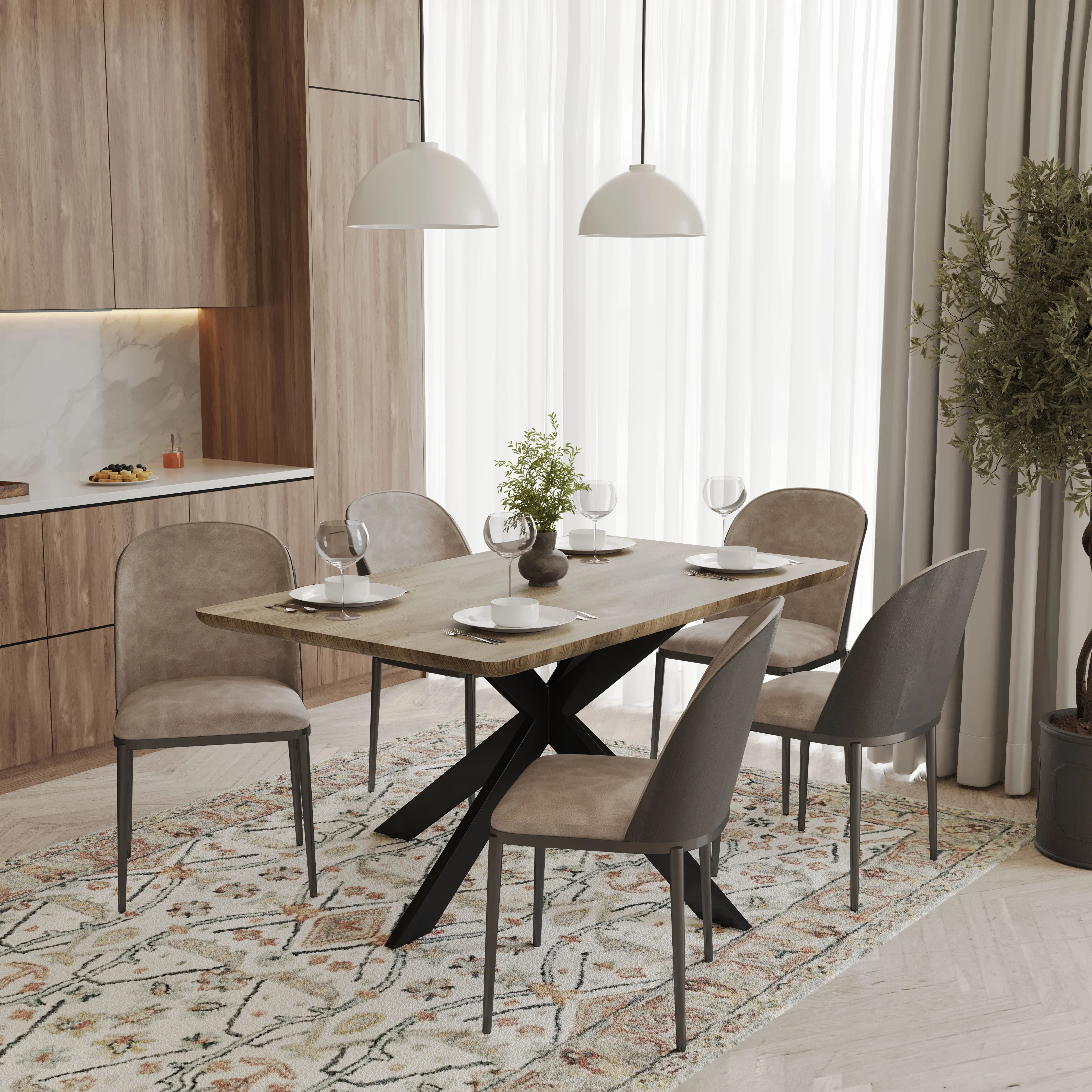 Ravenna 6-Piece Dining Set with 63" Rectangular Dining Table in Natural Wood MDF and 5 Suede Dining Chairs in Black/Charcoal