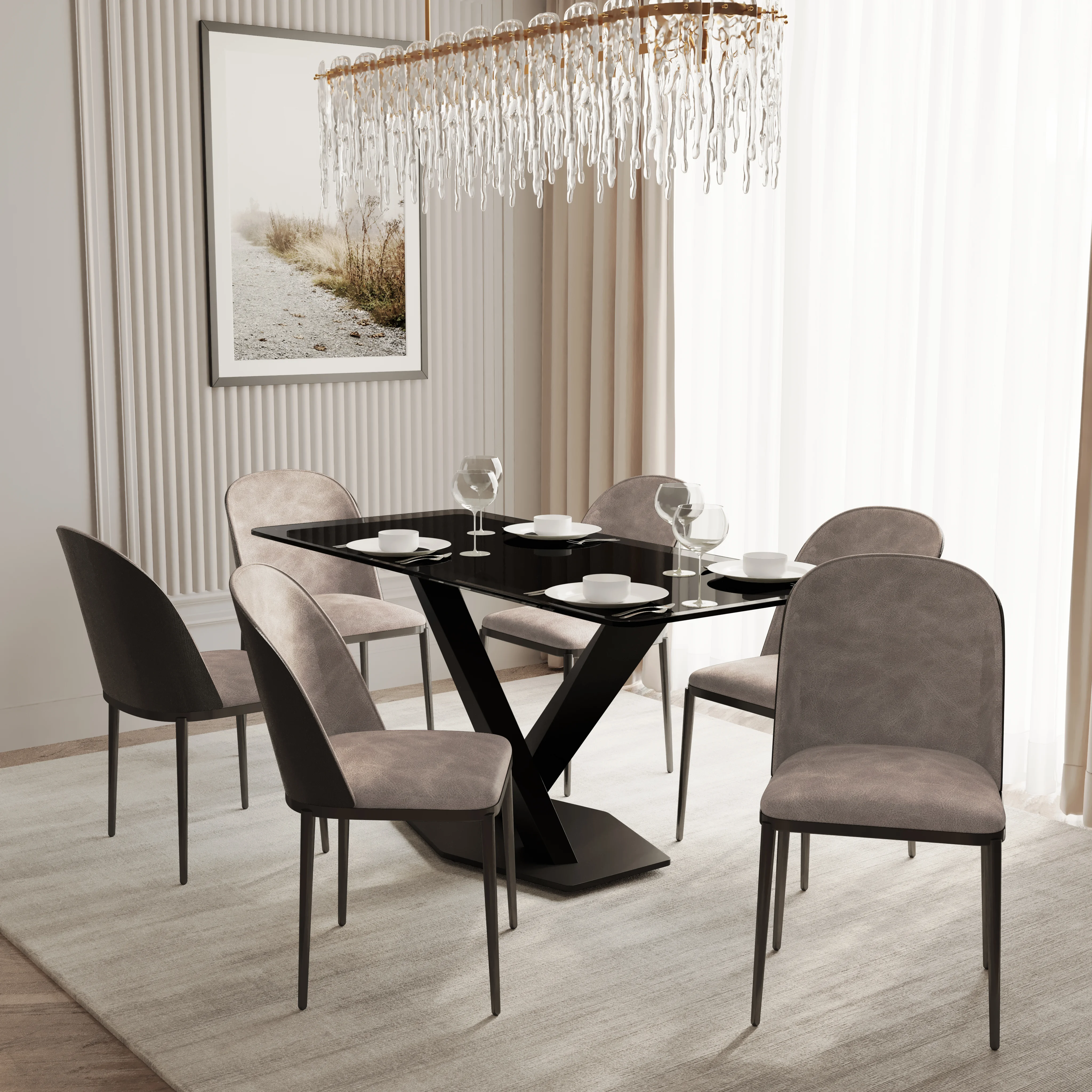 Voren 7-Piece Dining Set with 55" Rectangular Dining Table in Black Glass Top and 6 Suede Dining Chairs in Black/Charcoal