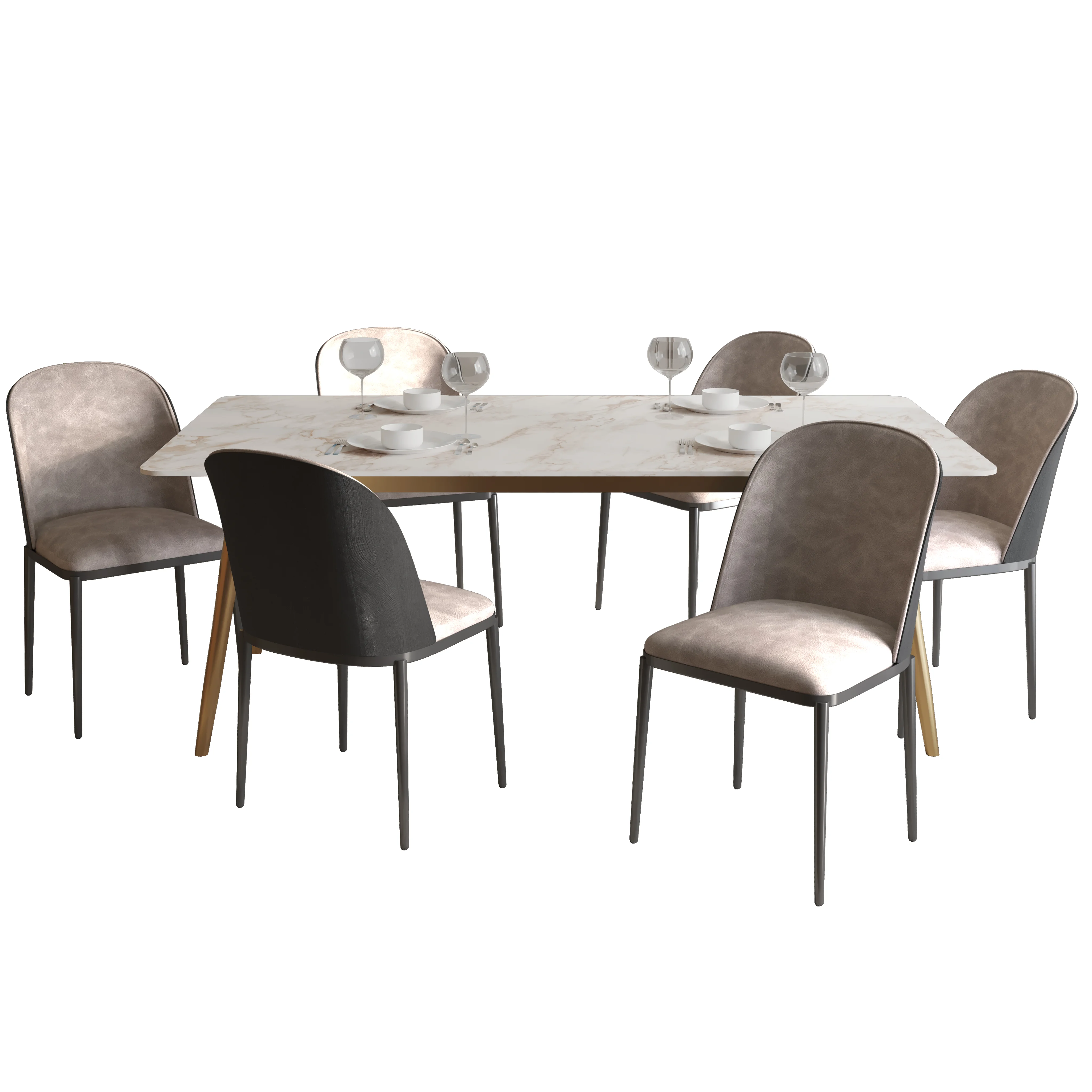 Zayle 7-Piece Dining Set with 55" Rectangular Dining Table in White Grey Sintered Stone Top and 6 Suede Dining Chairs in Black/Charcoal
