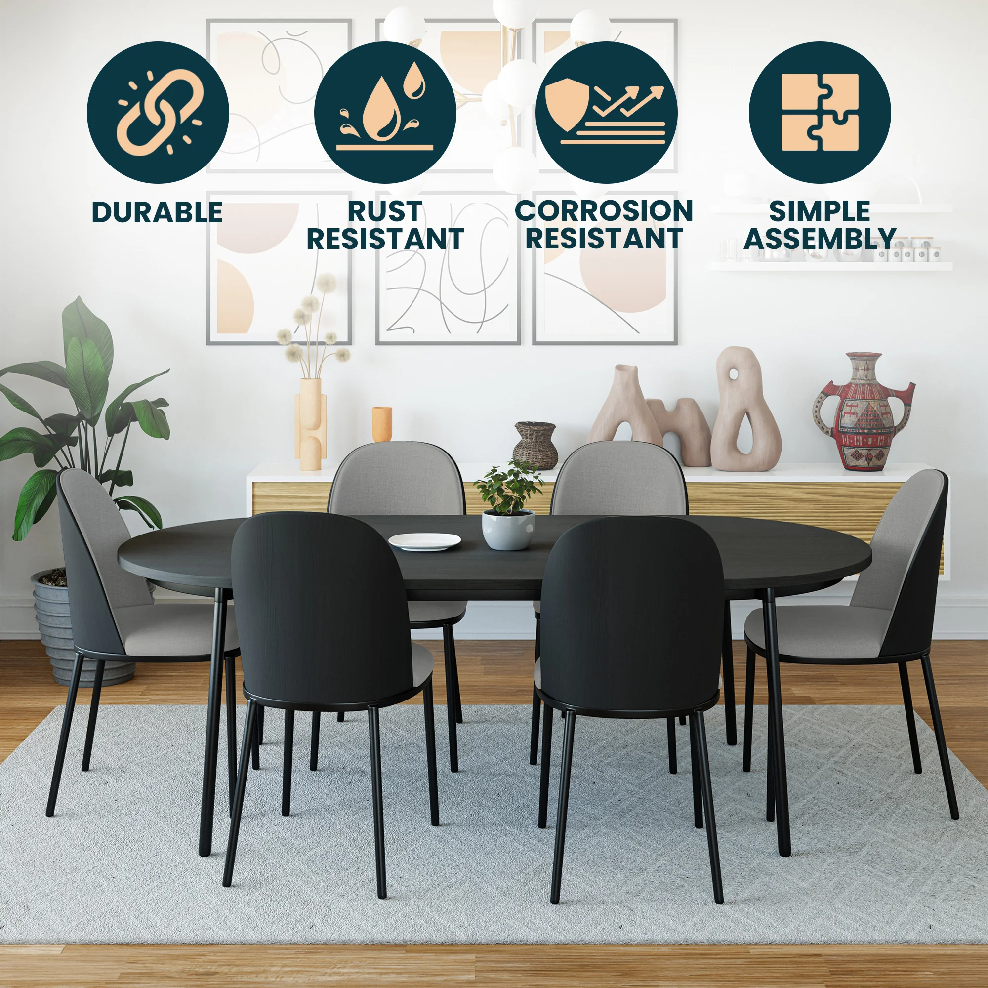 Tule Collection Dining Chair, Black Frame With Light Grey Leather - set of 2