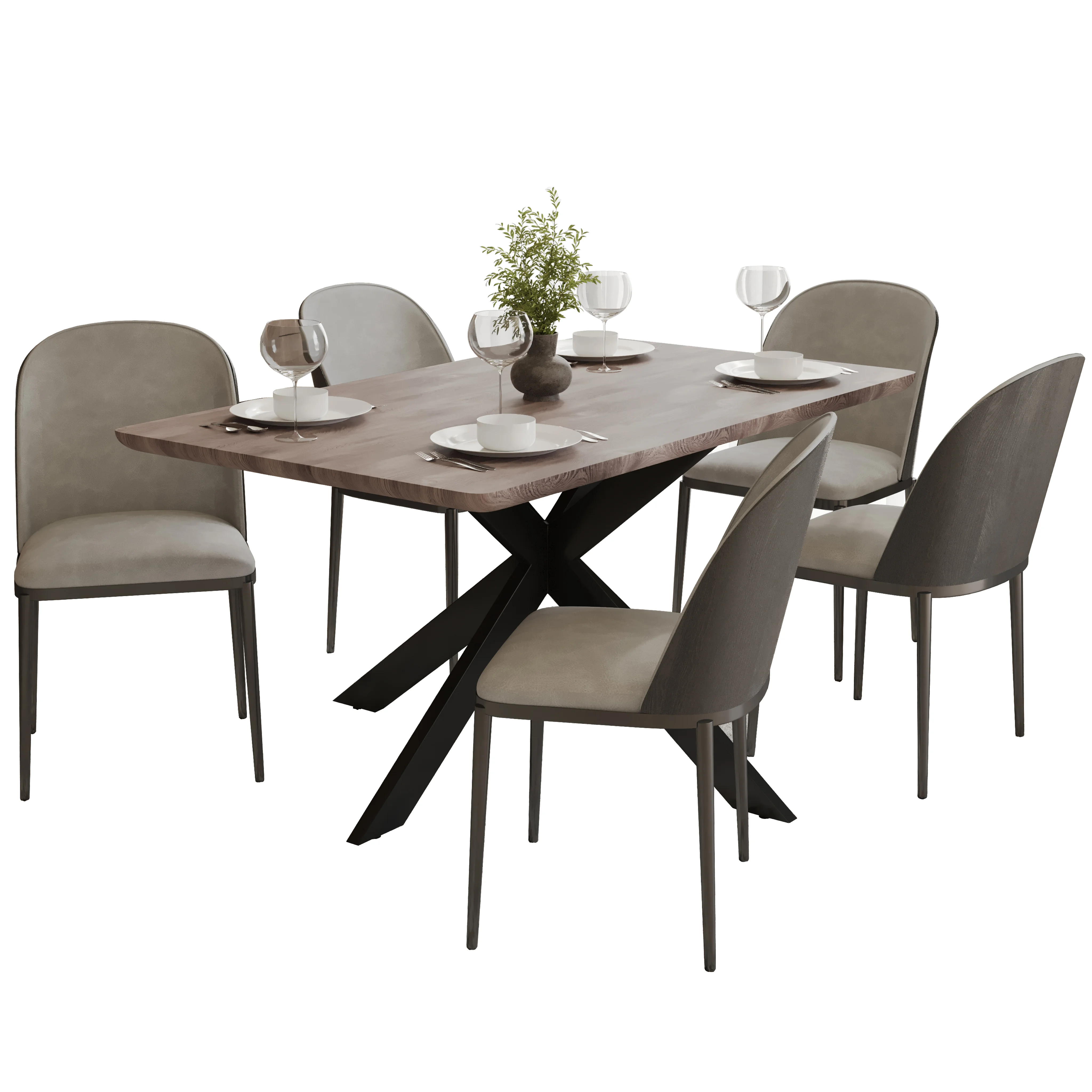 Ravenna 6-Piece Dining Set with 63" Rectangular Dining Table in Rustic Grey and 5 Leather Dining Chairs in Black/Light Grey