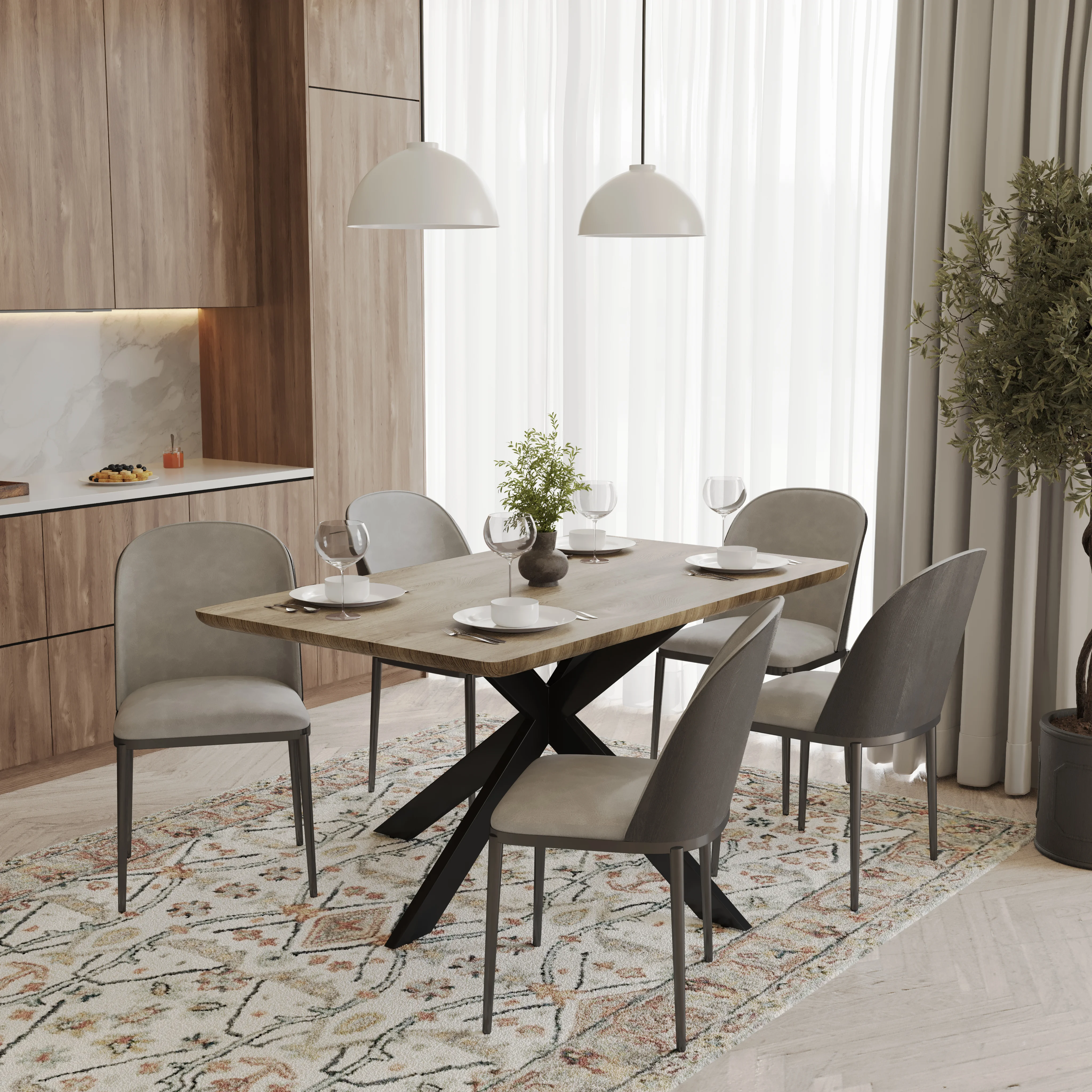 Ravenna 6-Piece Dining Set with 63" Rectangular Dining Table in Natural Wood MDF and 5 Leather Dining Chairs in Black/Light Grey