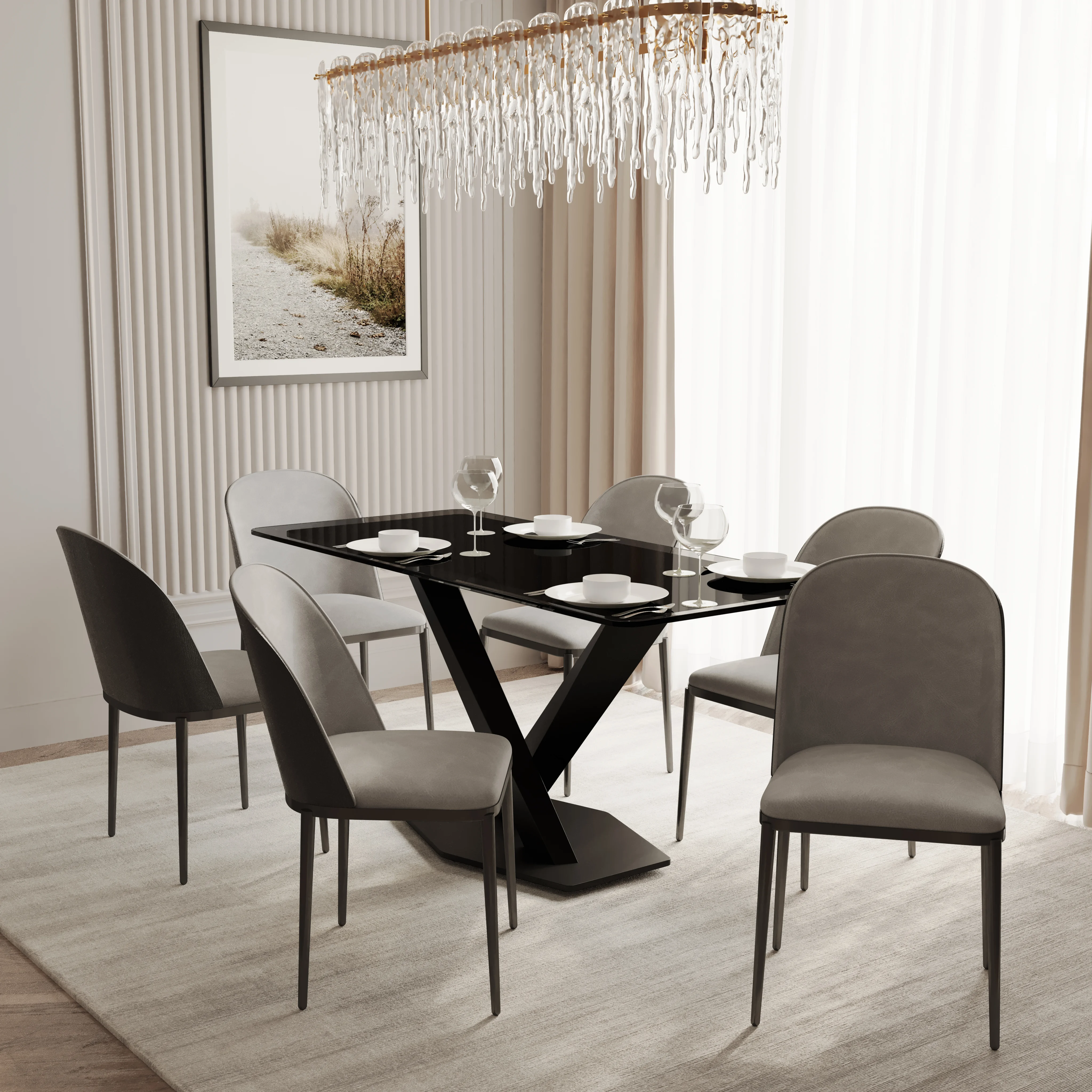 Voren 7-Piece Dining Set with 55" Rectangular Dining Table in Black Glass Top and 6 Leather Dining Chairs in Black/Light Grey