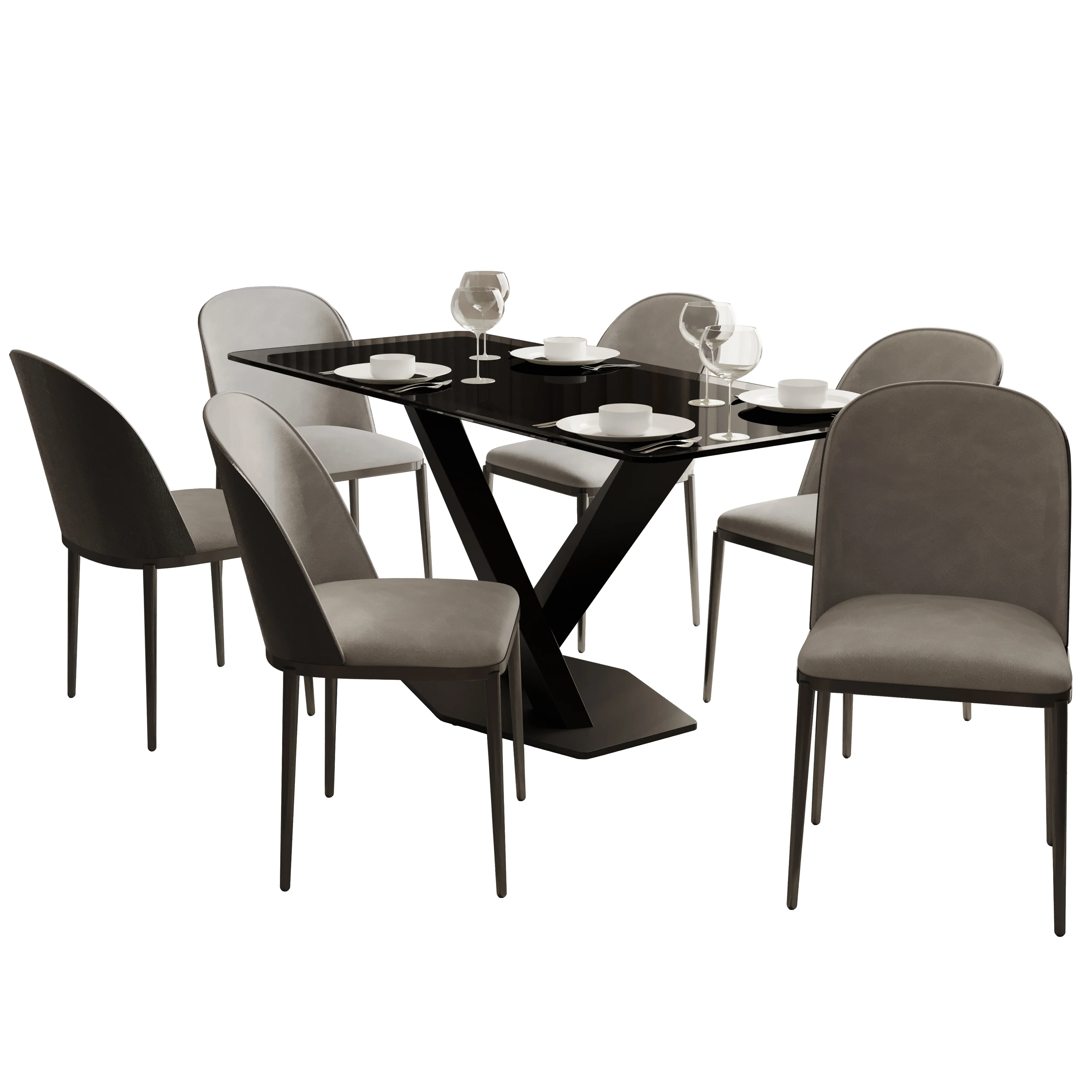 Voren 7-Piece Dining Set with 55" Rectangular Dining Table in Black Glass Top and 6 Leather Dining Chairs in Black/Light Grey