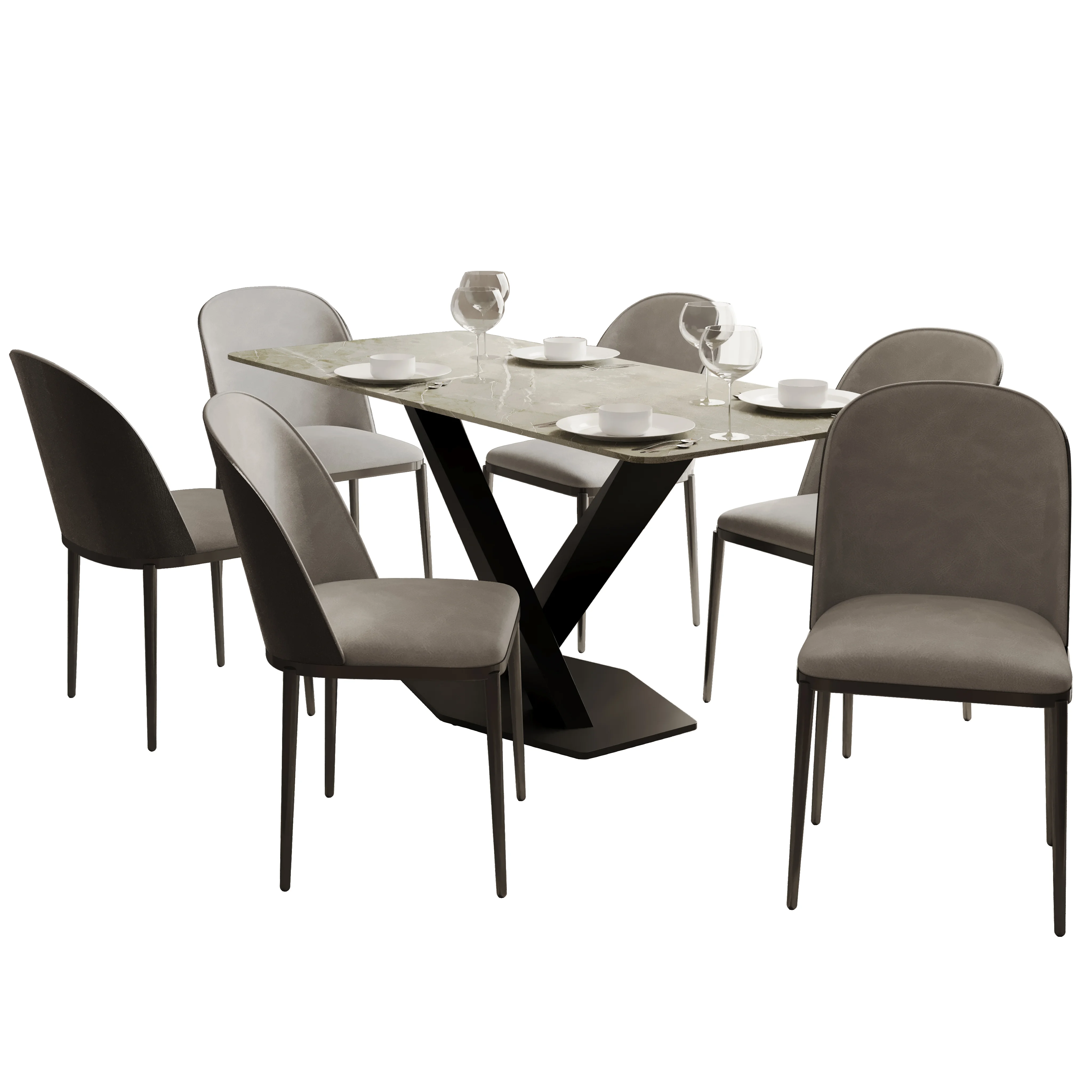 Voren 7-Piece Dining Set with 55" Rectangular Dining Table in Deep Grey Sintered Stone Top and 6 Leather Dining Chairs in Black/Light Grey