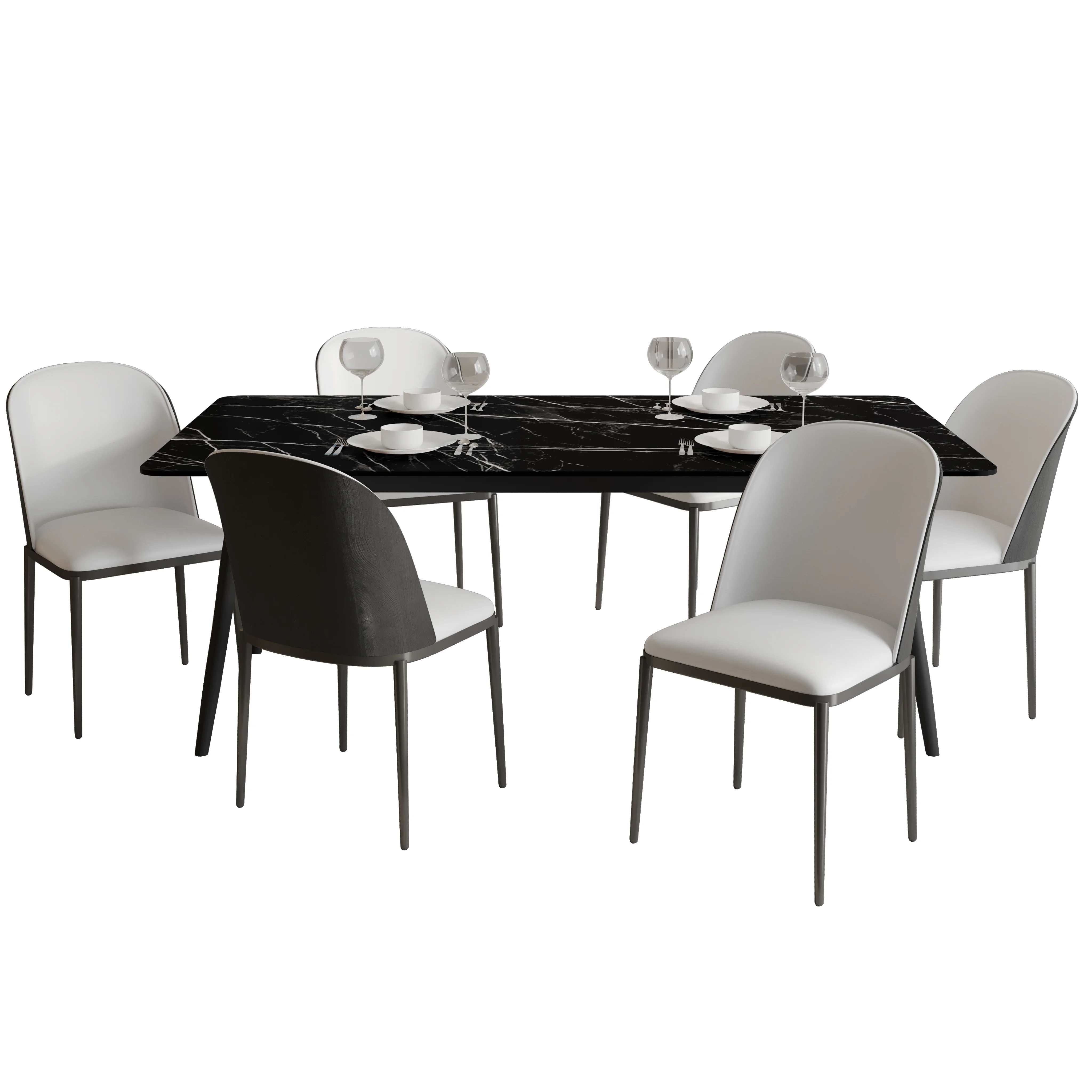 Zayle 7-Piece Dining Set with 55" Rectangular Dining Table in Black/Gold Sintered Stone Top and 6 Leather Dining Chairs in Black/White