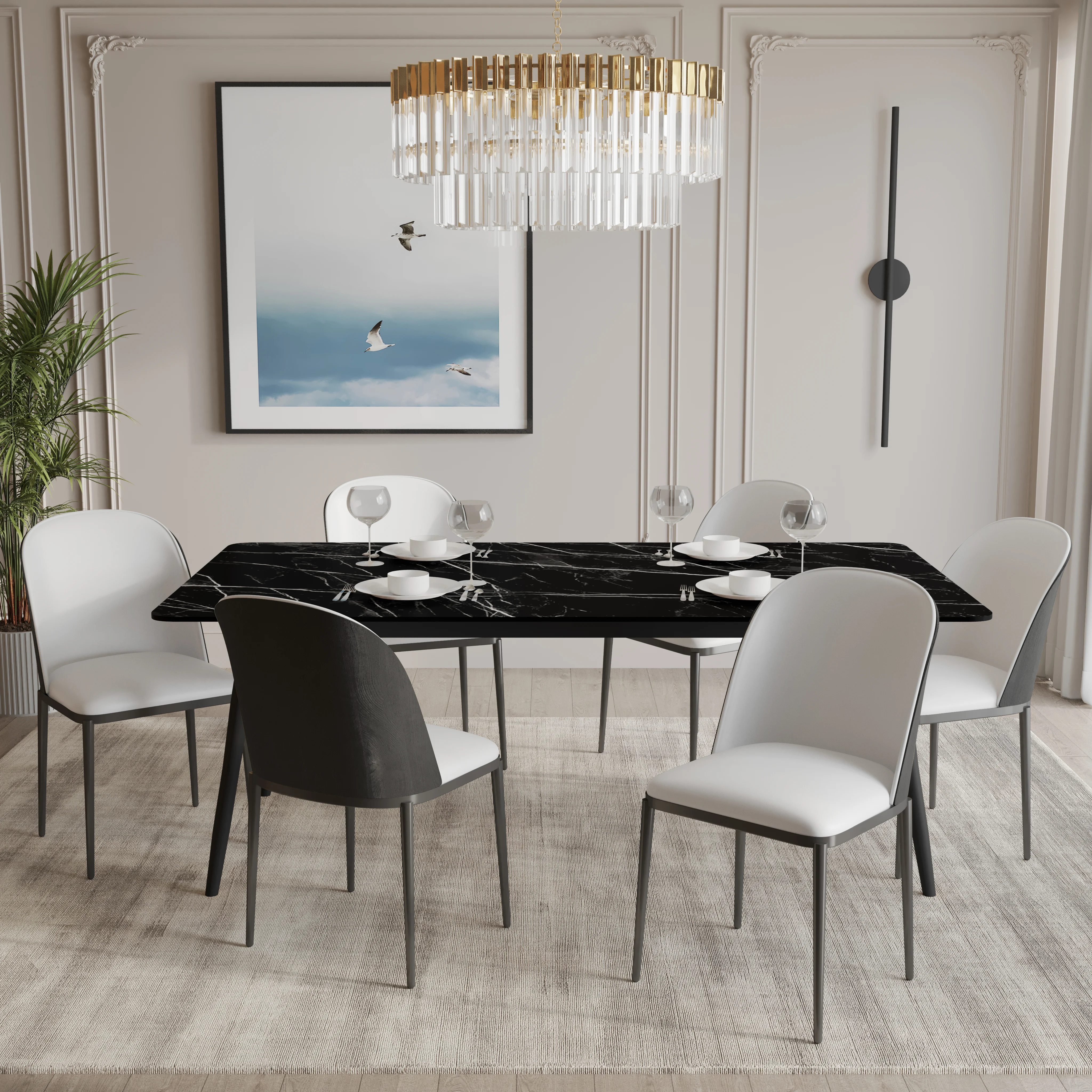 Zayle 7-Piece Dining Set with 55" Rectangular Dining Table in Black/Gold Sintered Stone Top and 6 Leather Dining Chairs in Black/White