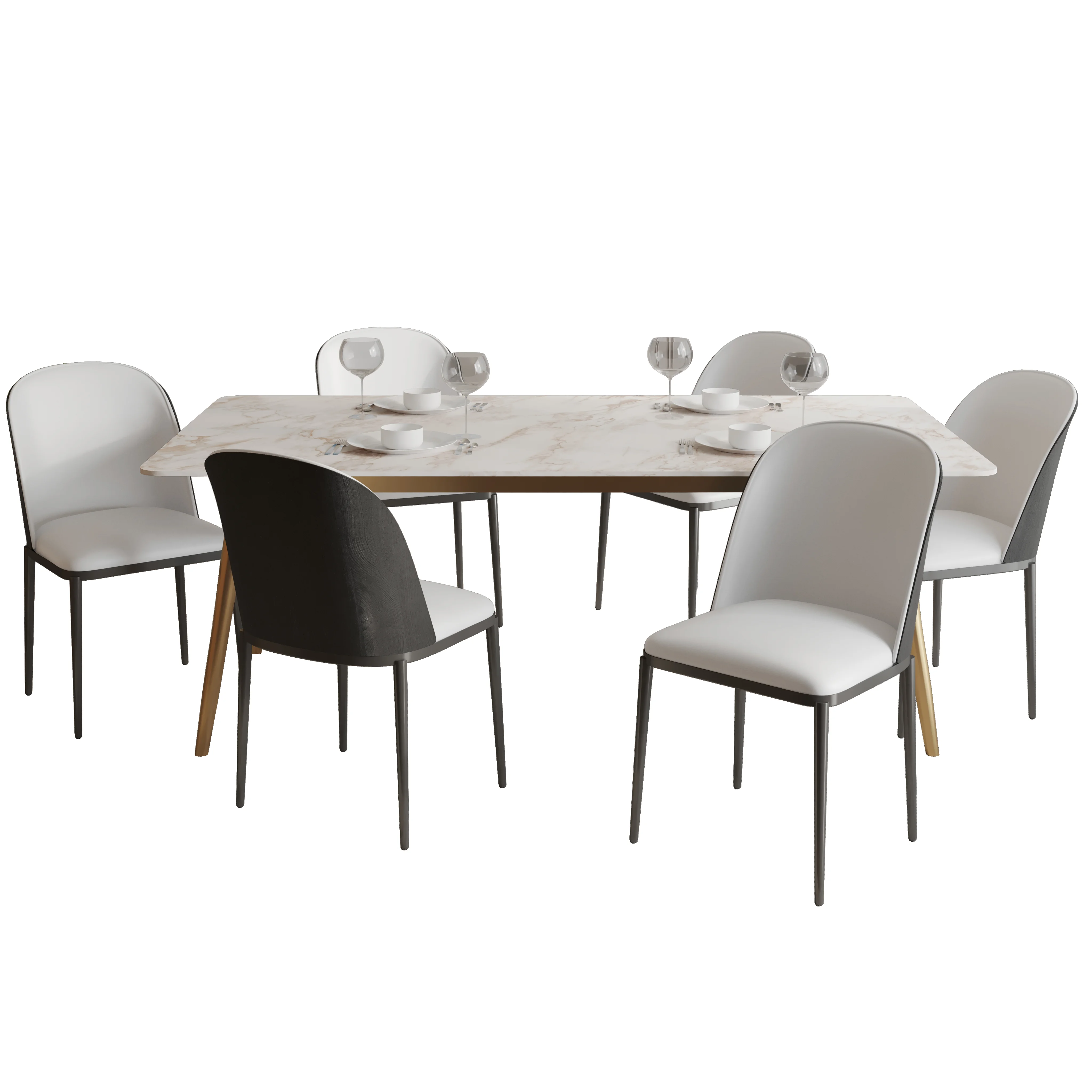 Zayle 7-Piece Dining Set with 55" Rectangular Dining Table in White Grey Sintered Stone Top and 6 Leather Dining Chairs in Black/White