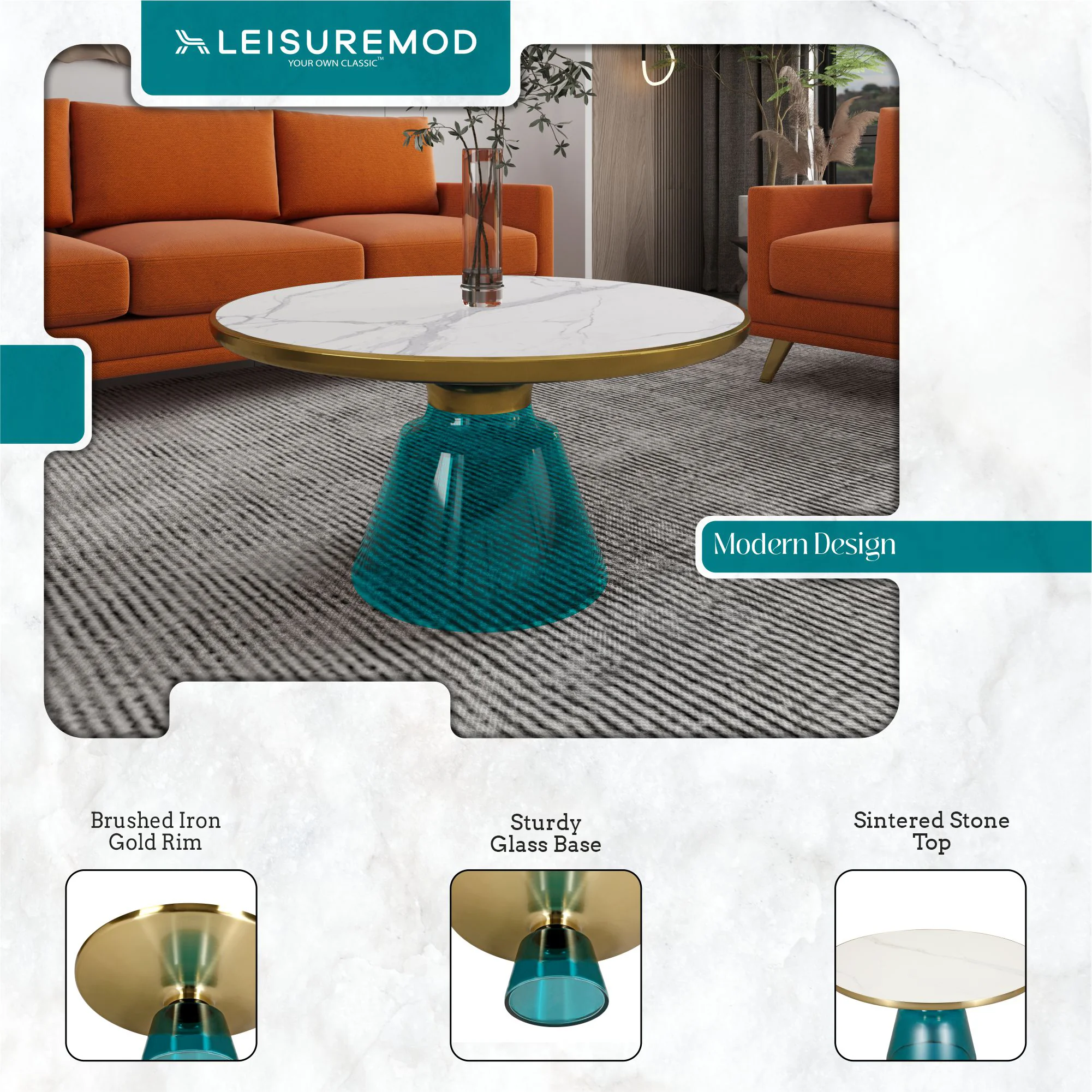 Tully Collection Glass Coffee Table Blue glass, Gold Rim with white sintered stone top