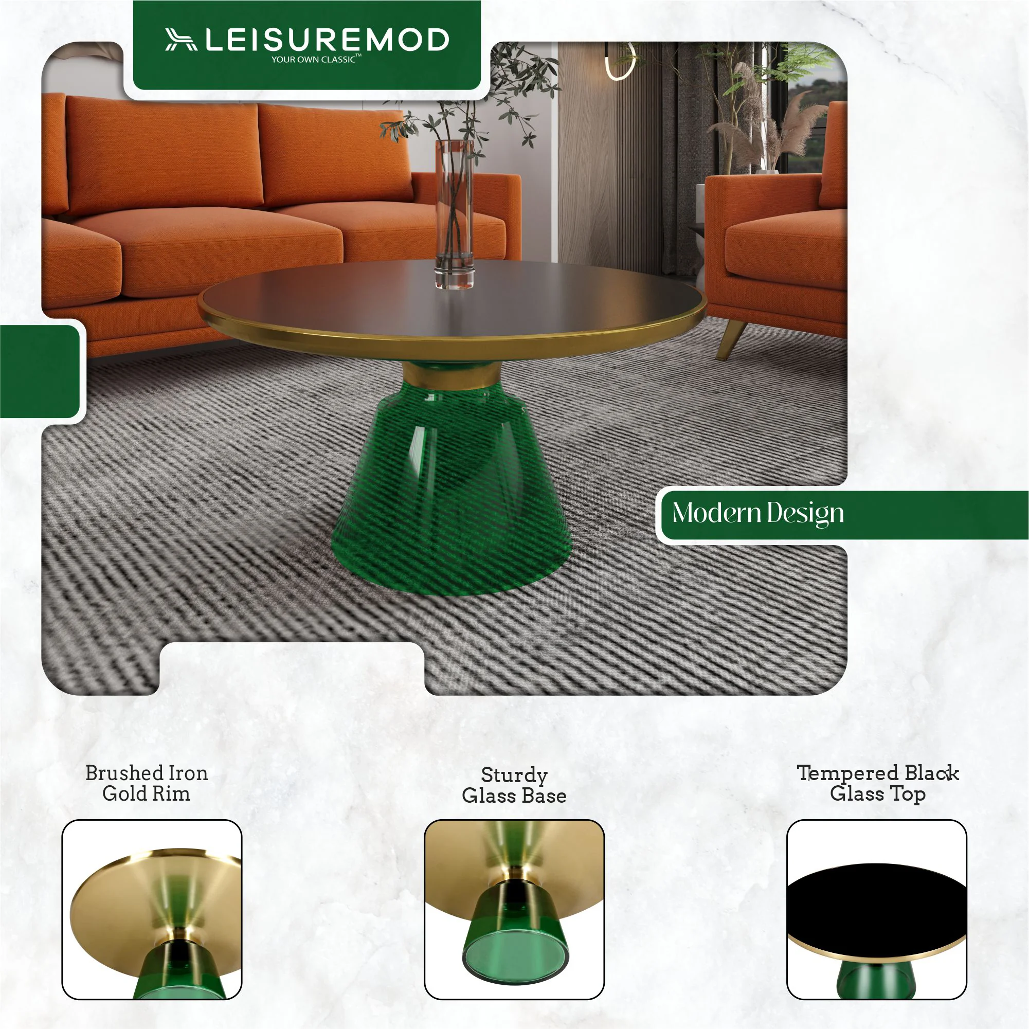 Tully Collection Glass Coffee Table Green glass, Gold Rim with Black Glass top