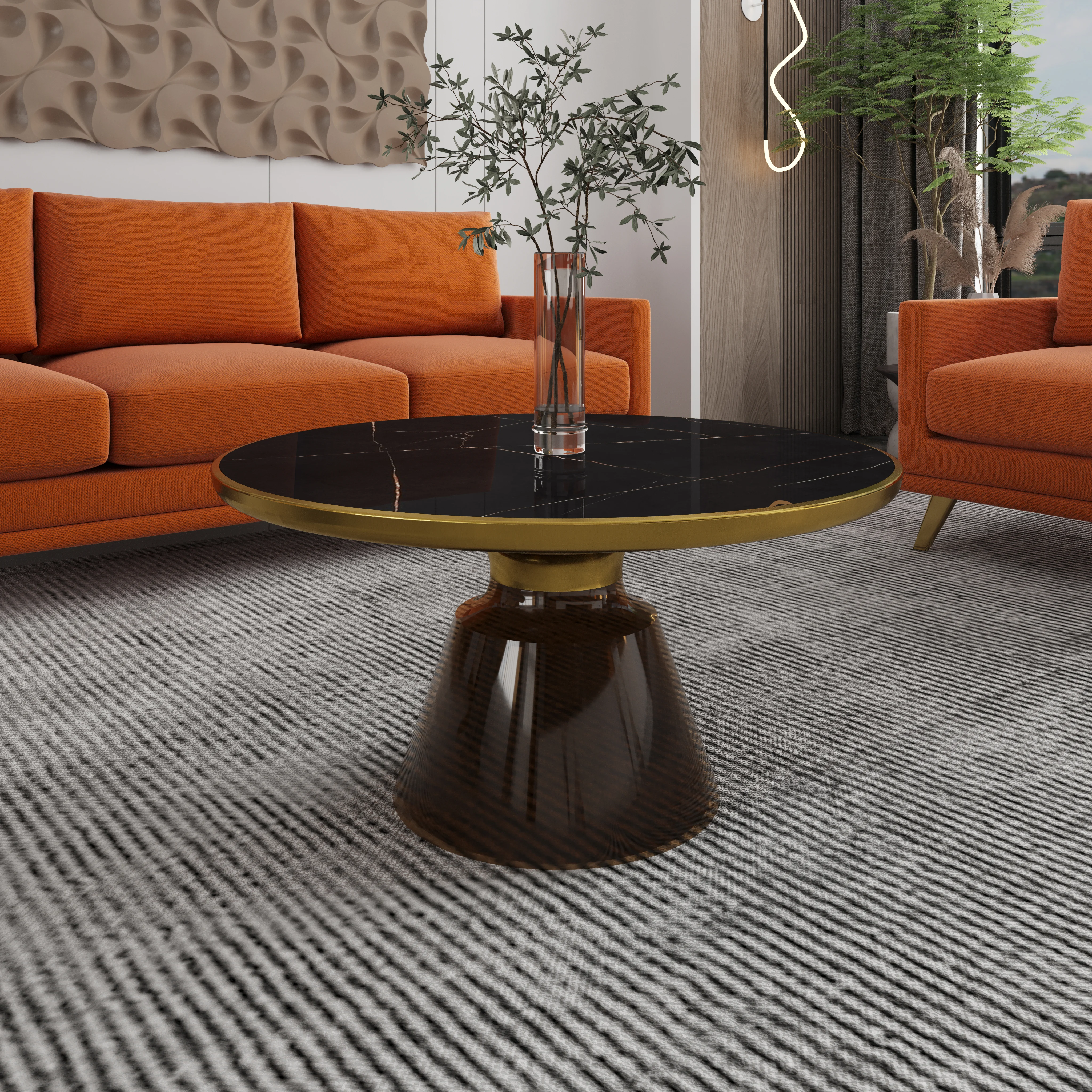 Tully Collection Glass Coffee Table Grey glass, Gold Rim with Black Sintered Stone Top