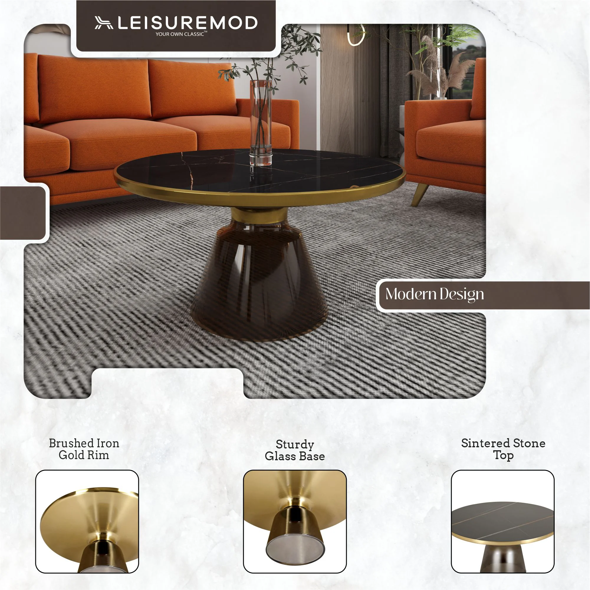 Tully Collection Glass Coffee Table Grey glass, Gold Rim with Black Sintered Stone Top