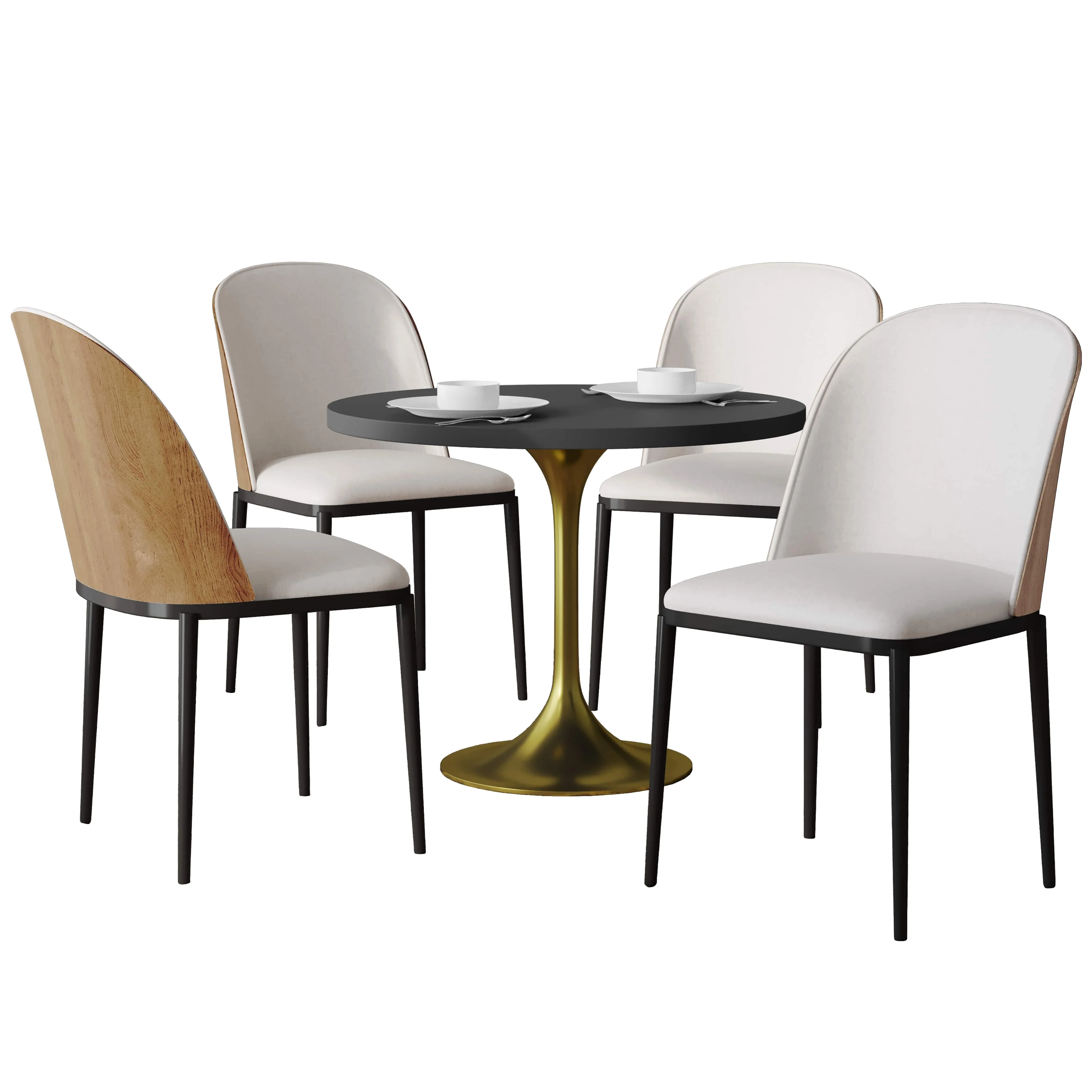 Verve 5-Piece Dining Set with 36" Round MDF Top Table and 4 Velvet Dining Side Chairs in Natural Wood/Beige