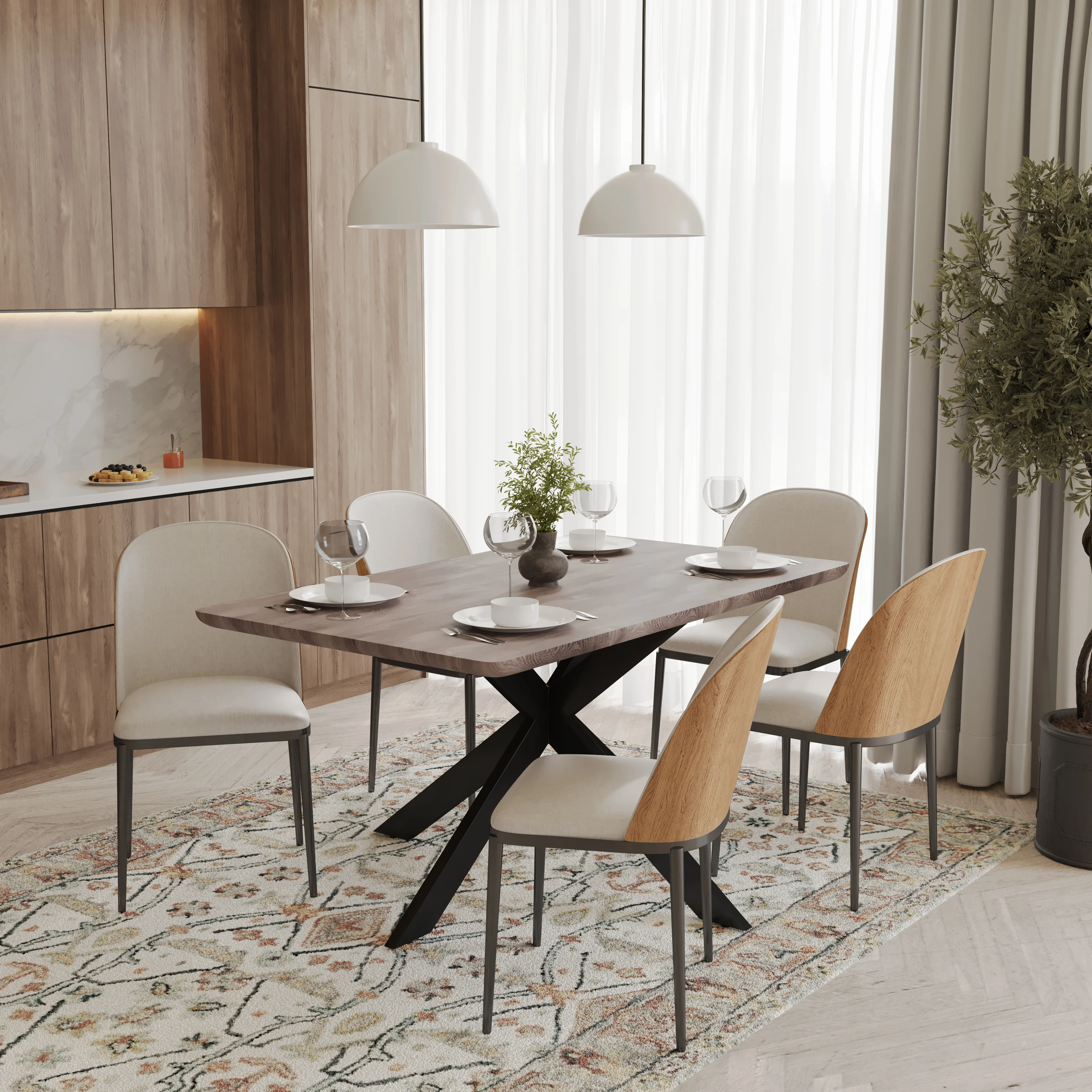 Ravenna 6-Piece Dining Set with 63" Rectangular Dining Table in Rustic Grey and 5 Velvet Dining Side Chair in Natural Wood/Beige