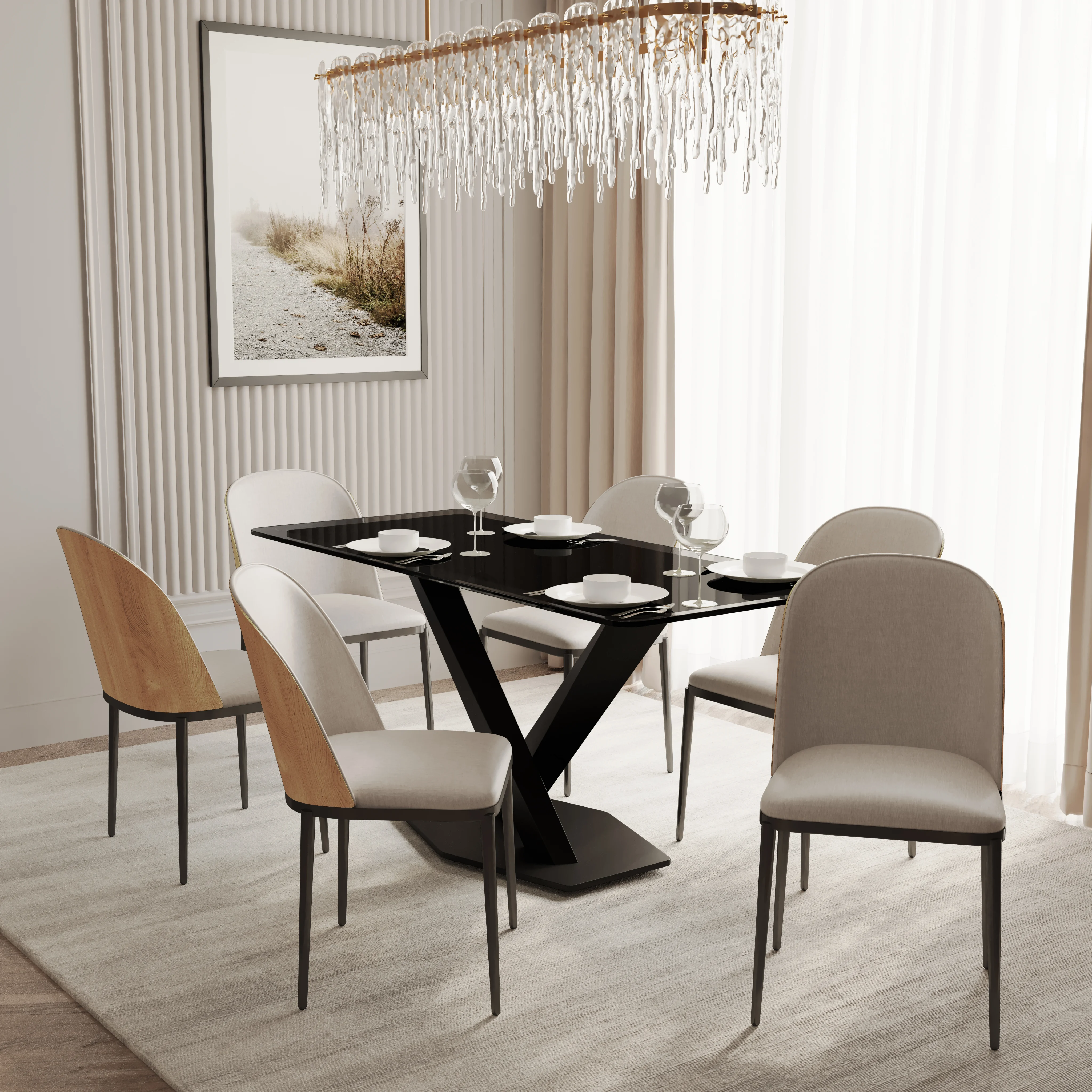 Voren 7-Piece Dining Set with 55" Rectangular Dining Table in Black Glass Top and 6 Velvet Dining Side Chair in Natural Wood/Beige
