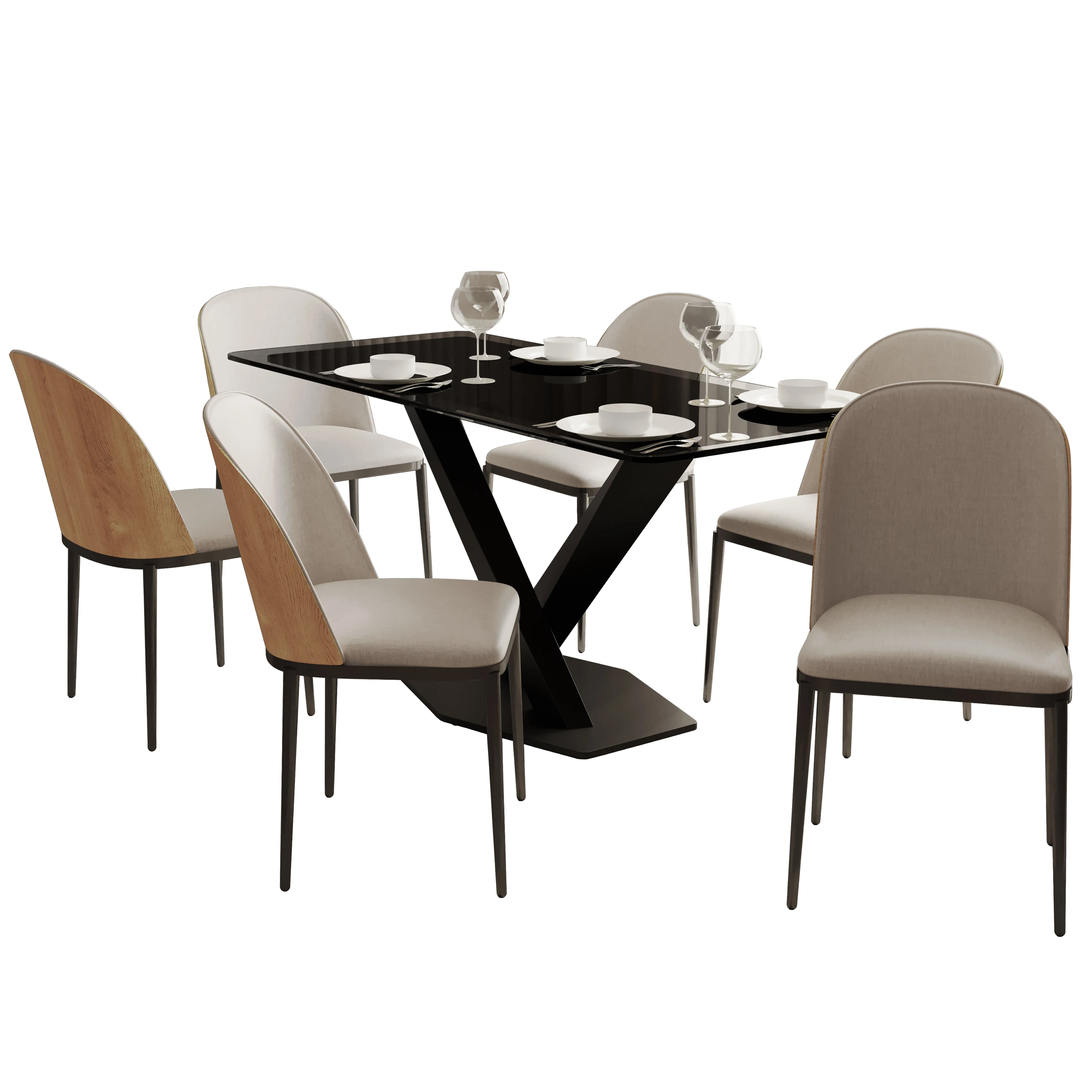 Voren 7-Piece Dining Set with 55" Rectangular Dining Table in Black Glass Top and 6 Velvet Dining Side Chair in Natural Wood/Beige