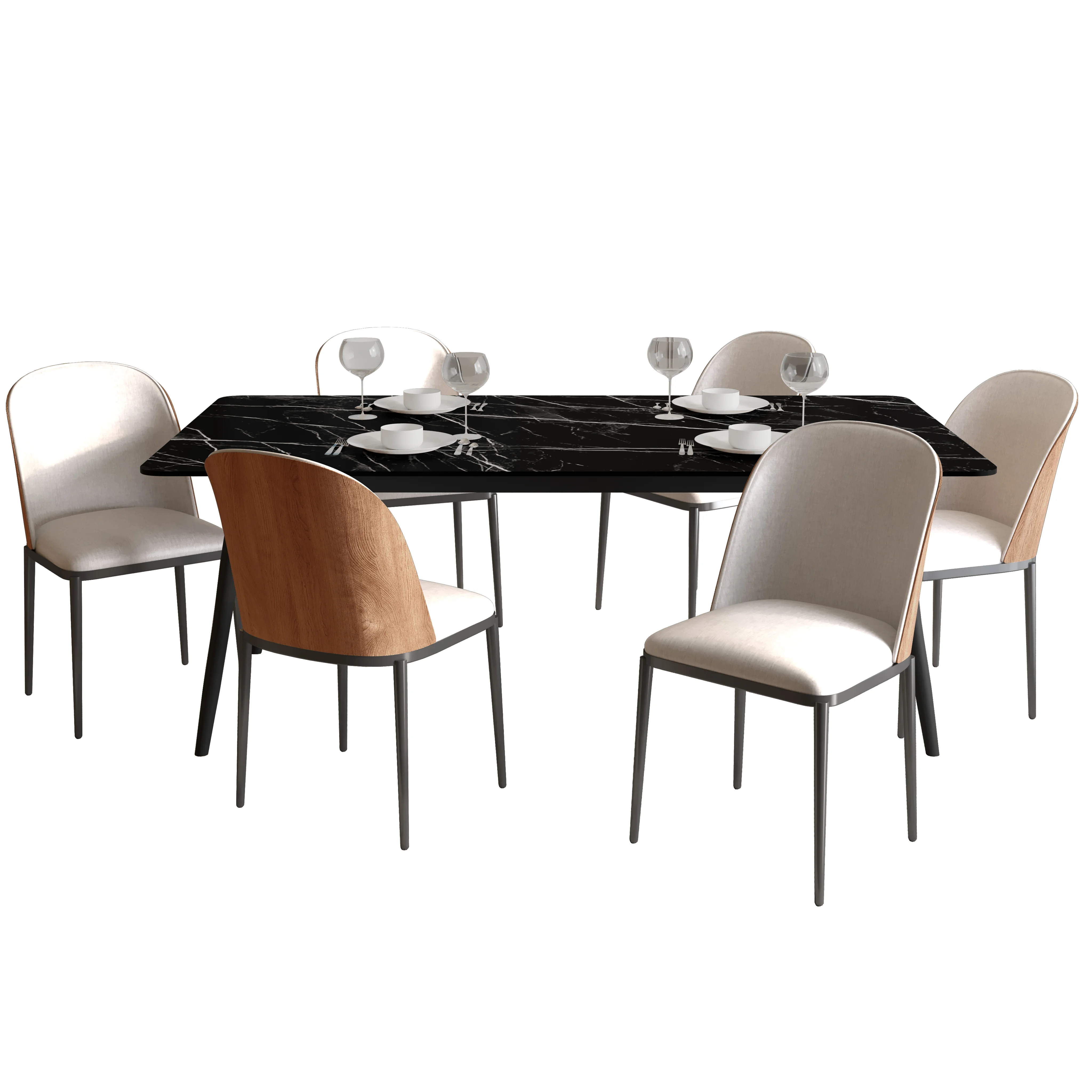 Zayle 7-Piece Dining Set with 55" Rectangular Dining Table in Black/Gold Sintered Stone Top and 6 Velvet Dining Side Chair in Natural Wood/Beige