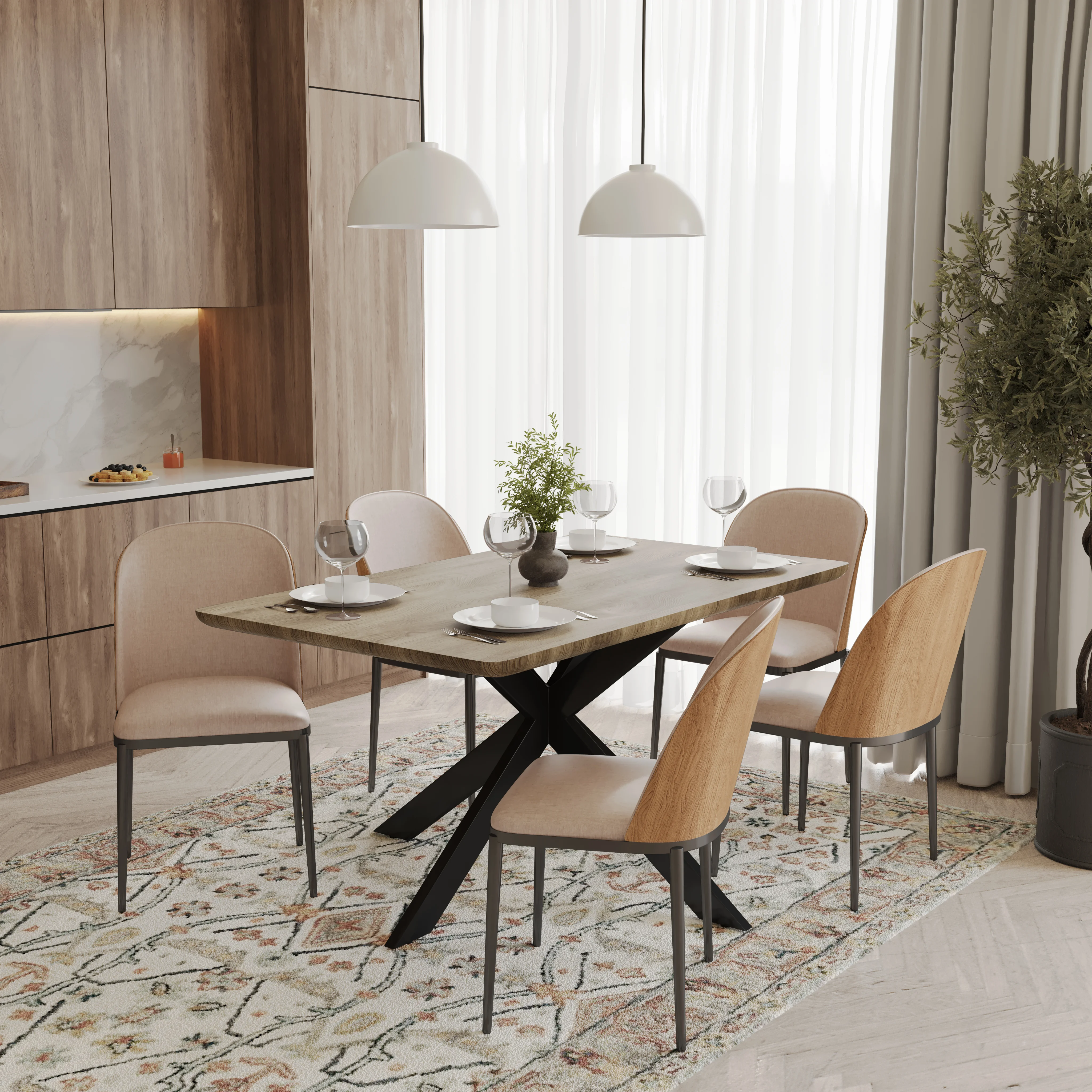 Ravenna 6-Piece Dining Set with 63" Rectangular Dining Table in Natural Wood MDF and 5 Velvet Dining Side Chair in Natural Wood/Brown