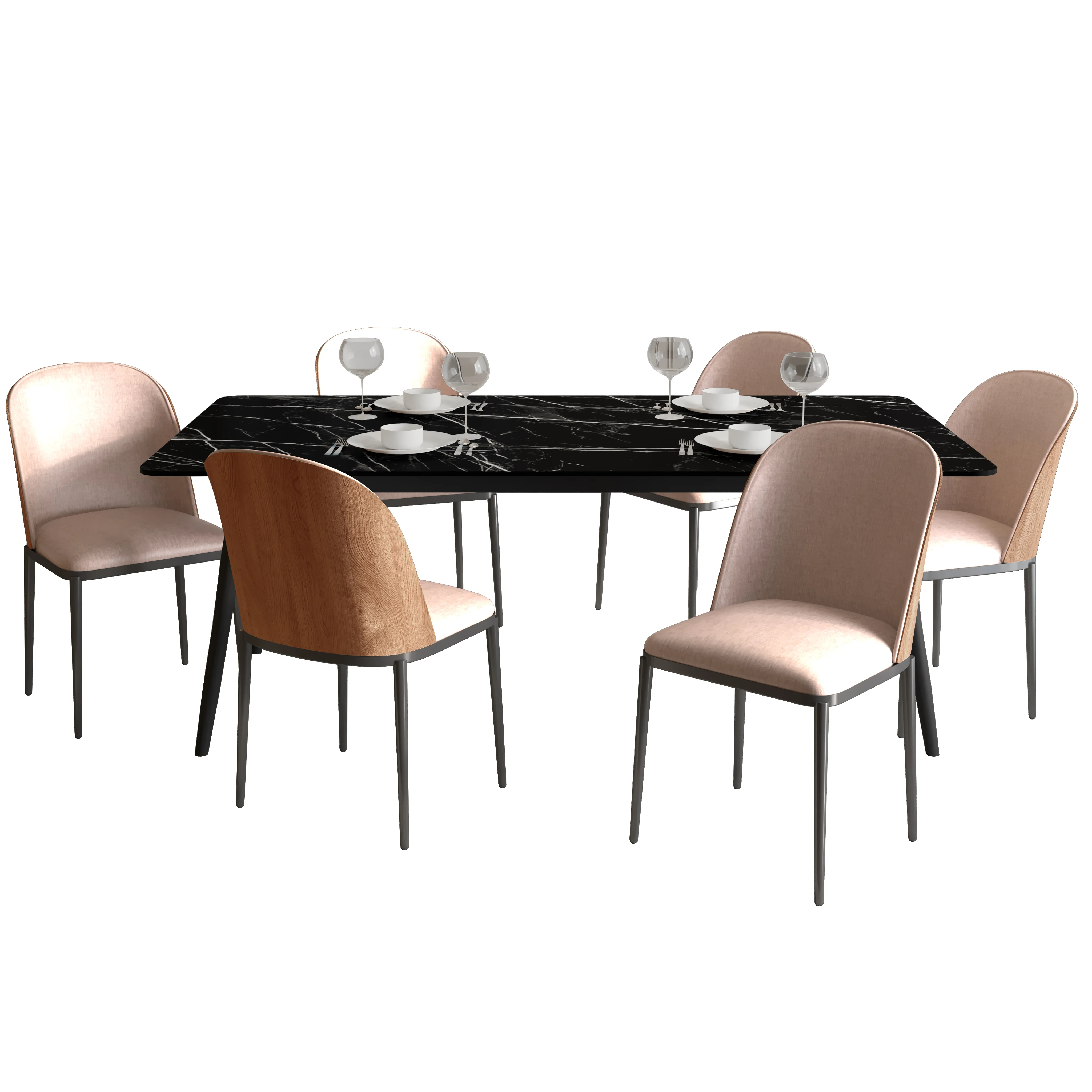 Zayle 7-Piece Dining Set with 55" Rectangular Dining Table in Black/Gold Sintered Stone Top and 6 Velvet Dining Side Chair in Natural Wood/Brown