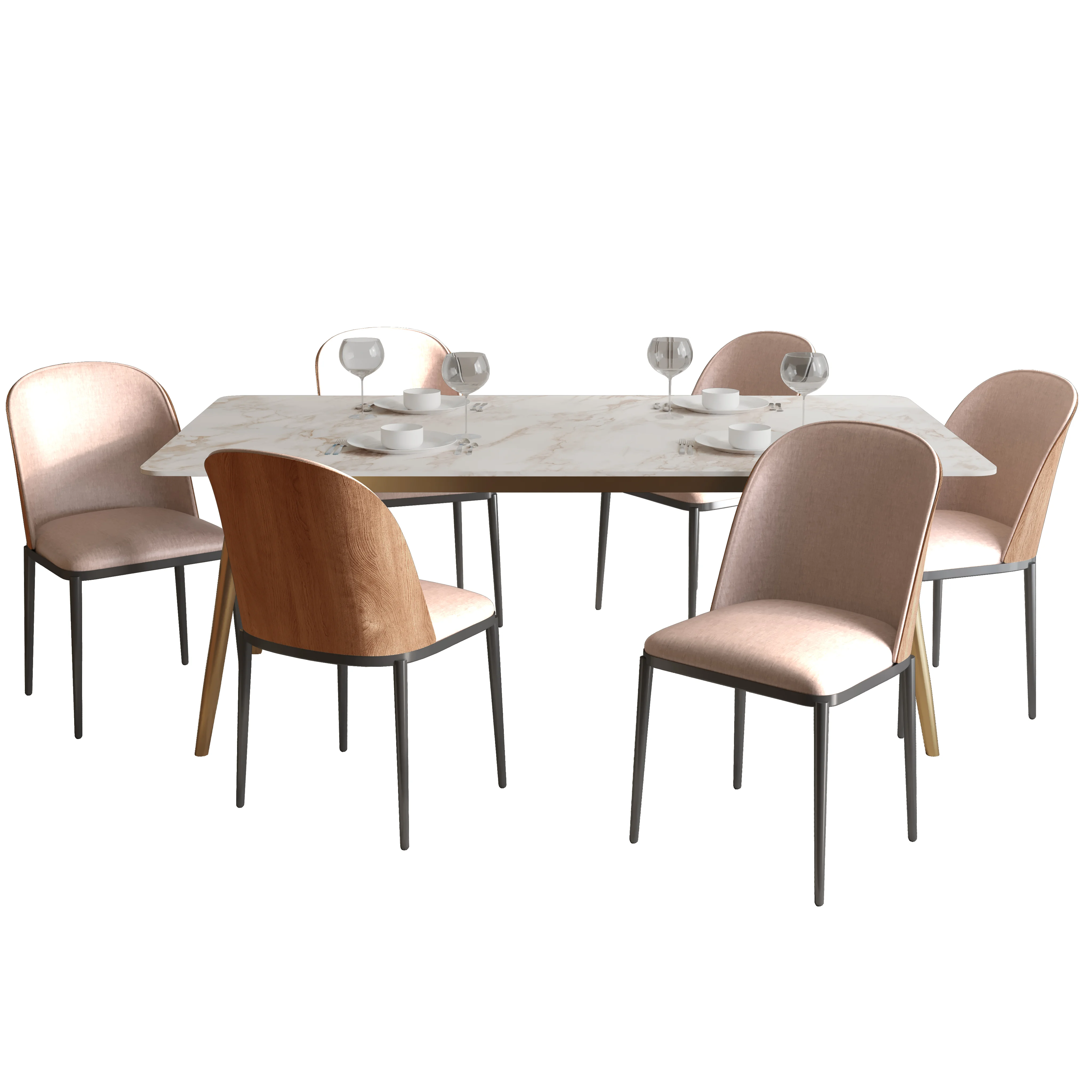 Zayle 7-Piece Dining Set with 55" Rectangular Dining Table in White Grey Sintered Stone Top and 6 Velvet Dining Side Chair in Natural Wood/Brown