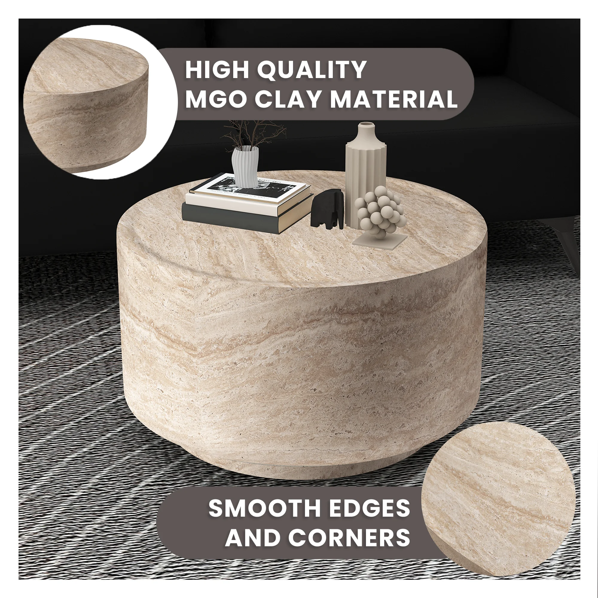 Terra Collection Fiberglass Outdoor Coffee Table In Travertine