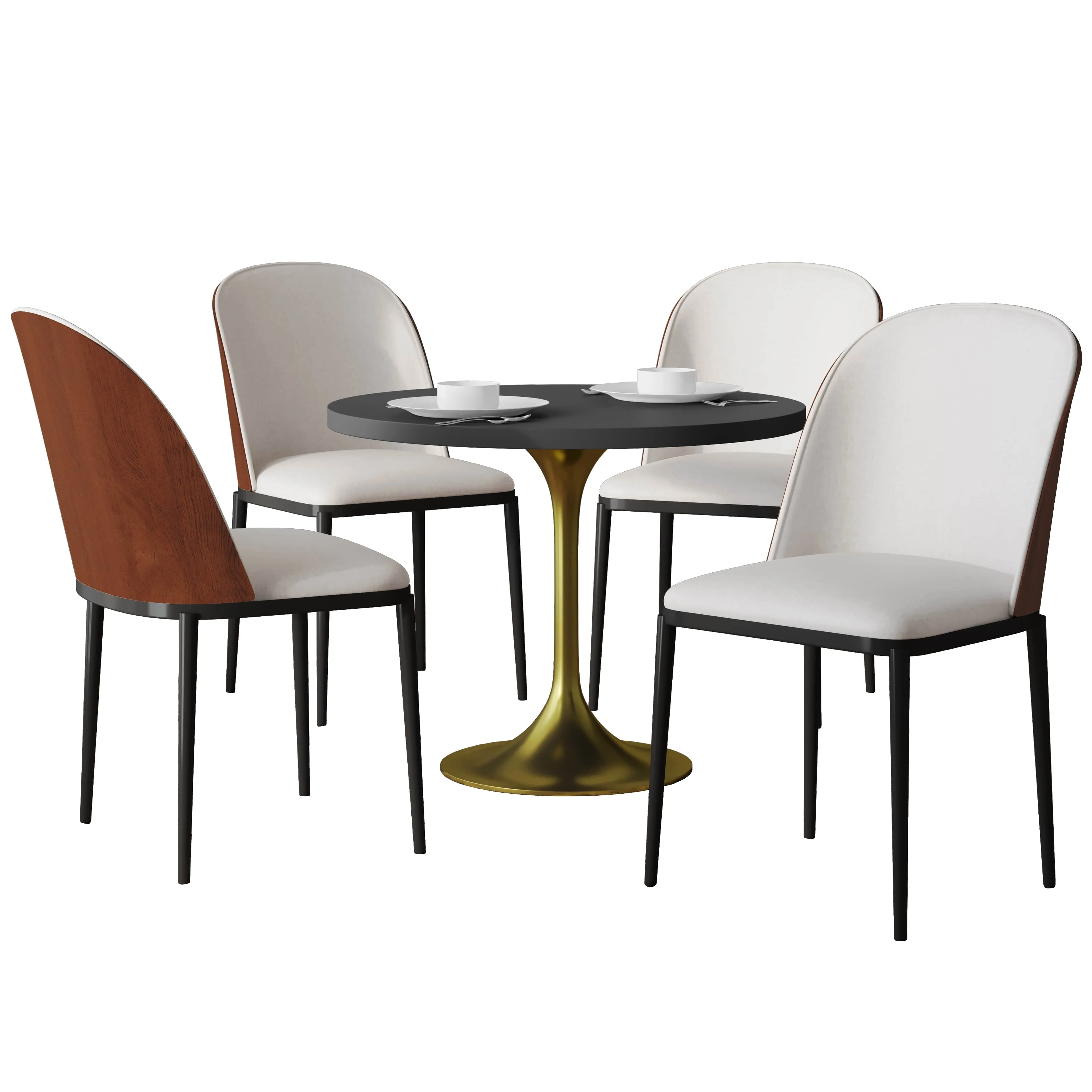 Verve 5-Piece Dining Set with 36" Round MDF Top Table and 4 Velvet Dining Side Chairs in Walnut/Beige