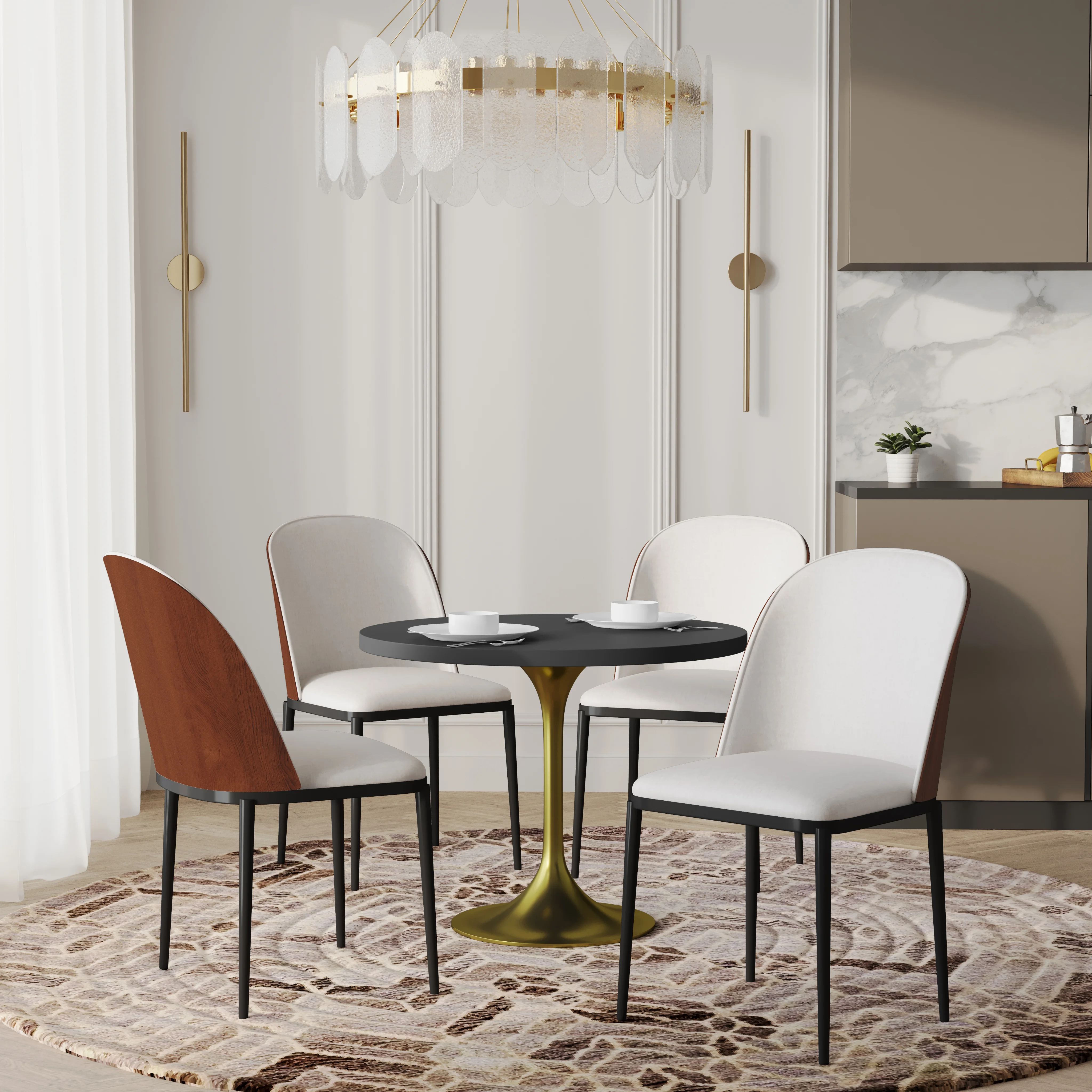 Verve 5-Piece Dining Set with 36" Round MDF Top Table and 4 Velvet Dining Side Chairs in Walnut/Beige