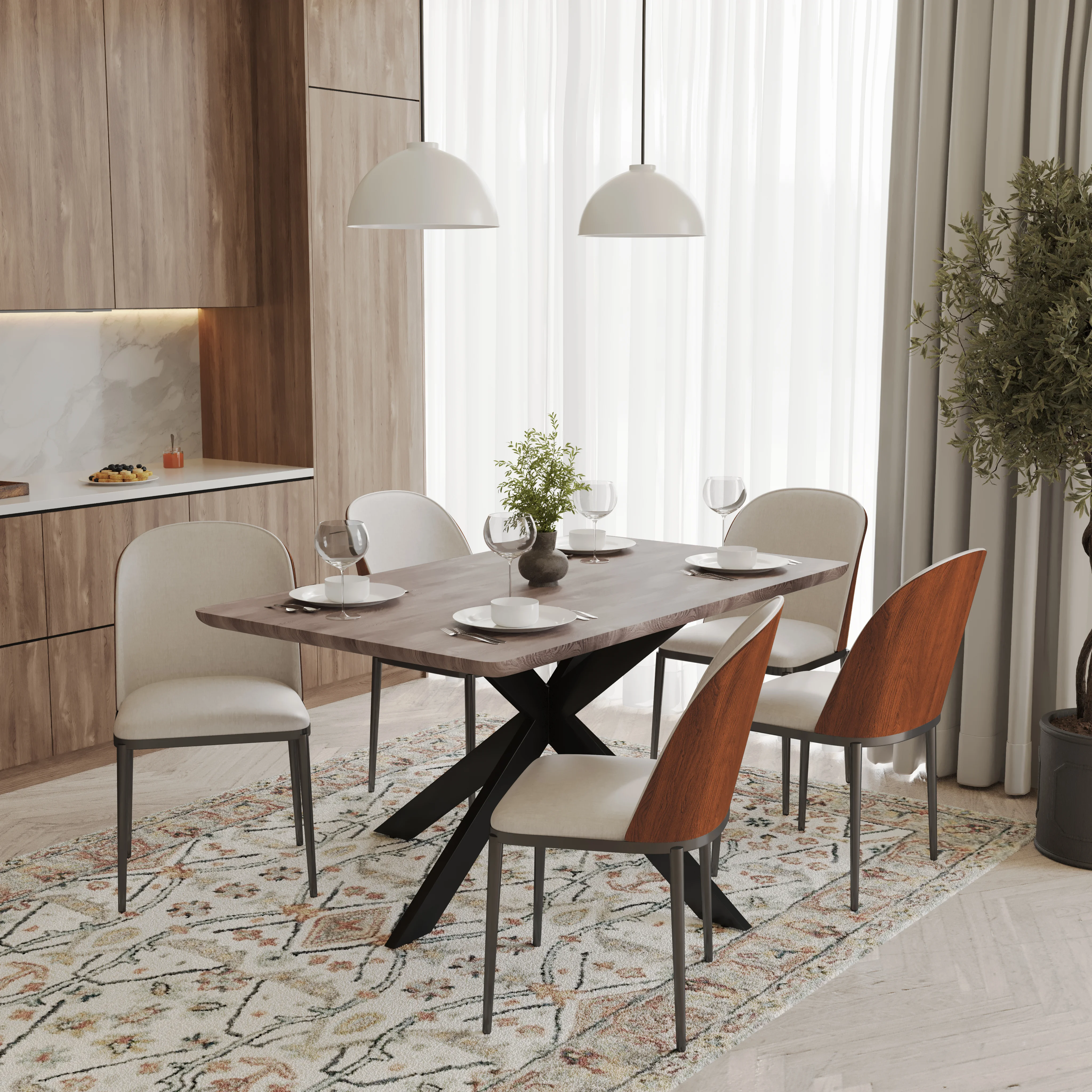 Ravenna 6-Piece Dining Set with 63" Rectangular Dining Table in Rustic Grey and 5 Velvet Dining Side Chair in Walnut/Beige