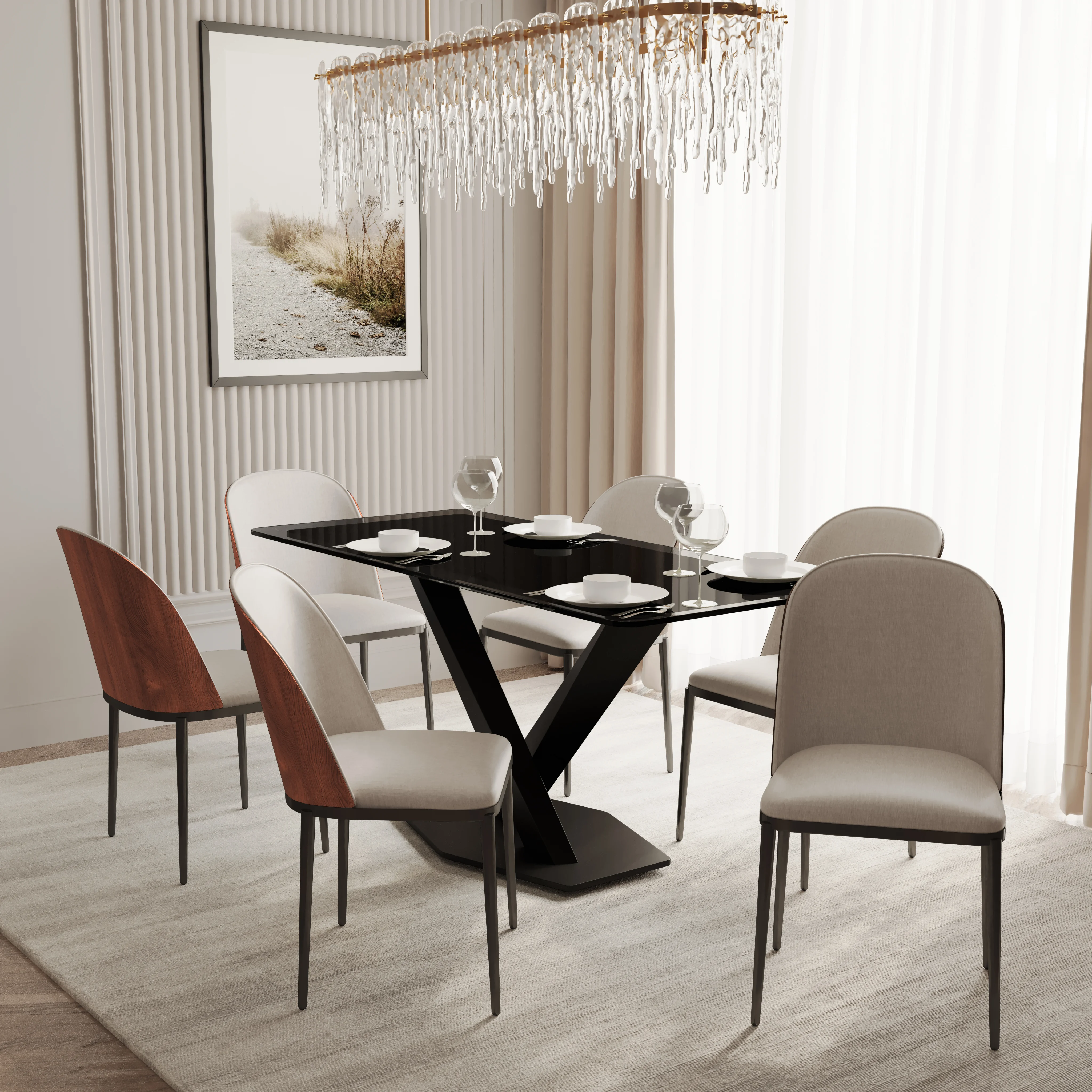 Voren 7-Piece Dining Set with 55" Rectangular Dining Table in Black Glass Top and 6 Velvet Dining Side Chair in Walnut/Beige