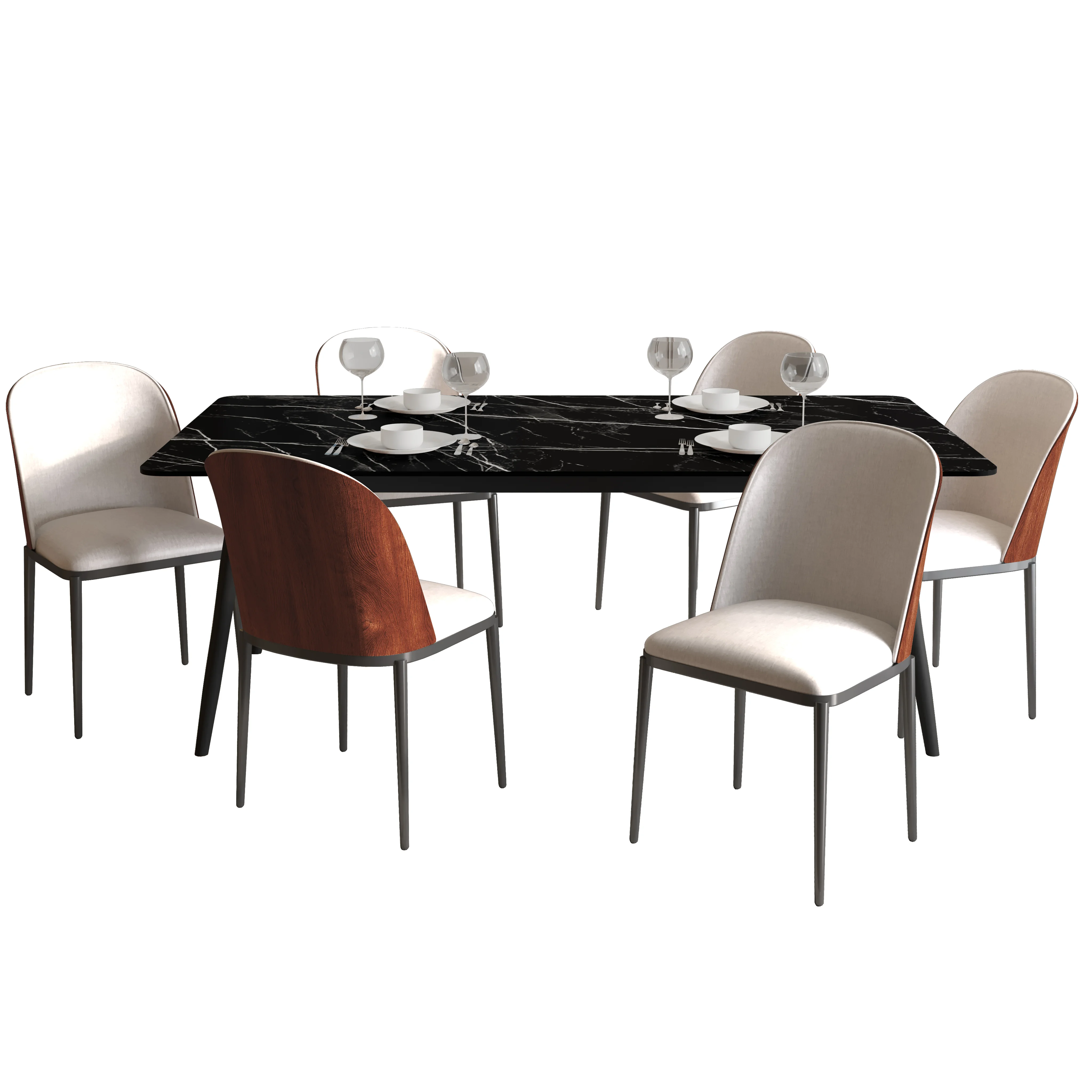 Zayle 7-Piece Dining Set with 55" Rectangular Dining Table in Black/Gold Sintered Stone Top and 6 Velvet Dining Side Chair in Walnut/Beige