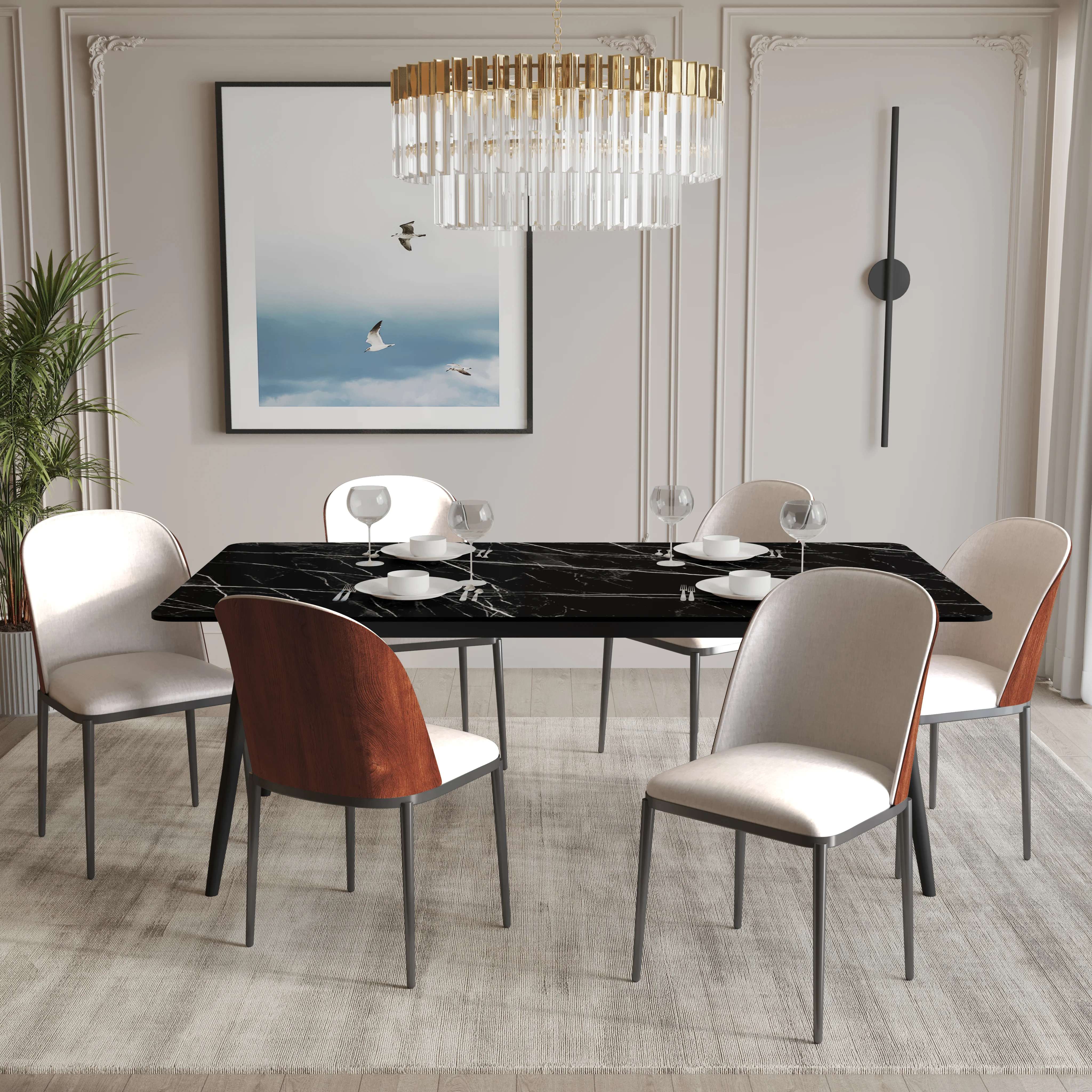 Zayle 7-Piece Dining Set with 55" Rectangular Dining Table in Black/Gold Sintered Stone Top and 6 Velvet Dining Side Chair in Walnut/Beige
